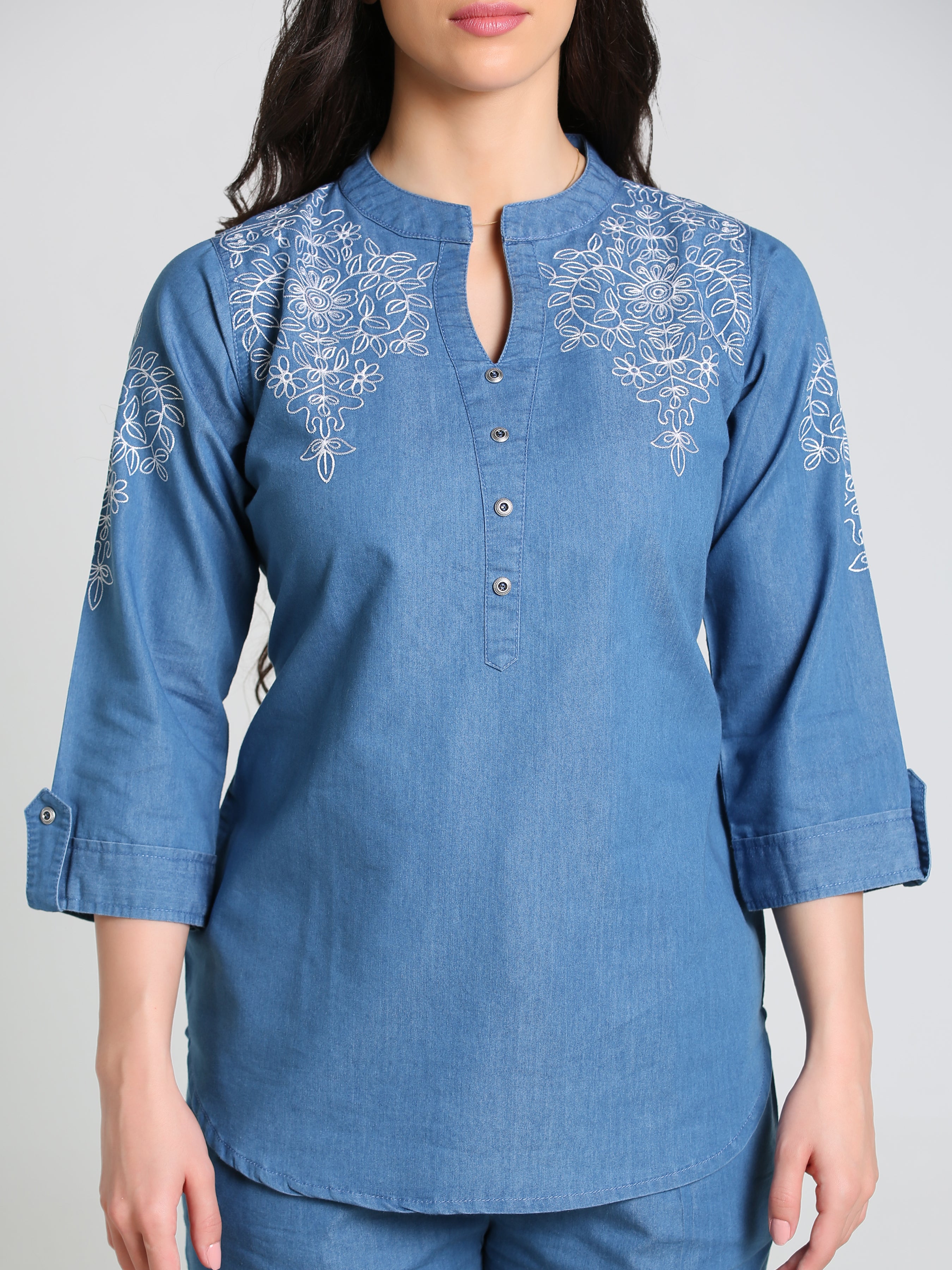 Denim Butta Embroidred Mandarine Collar Co-ord Set