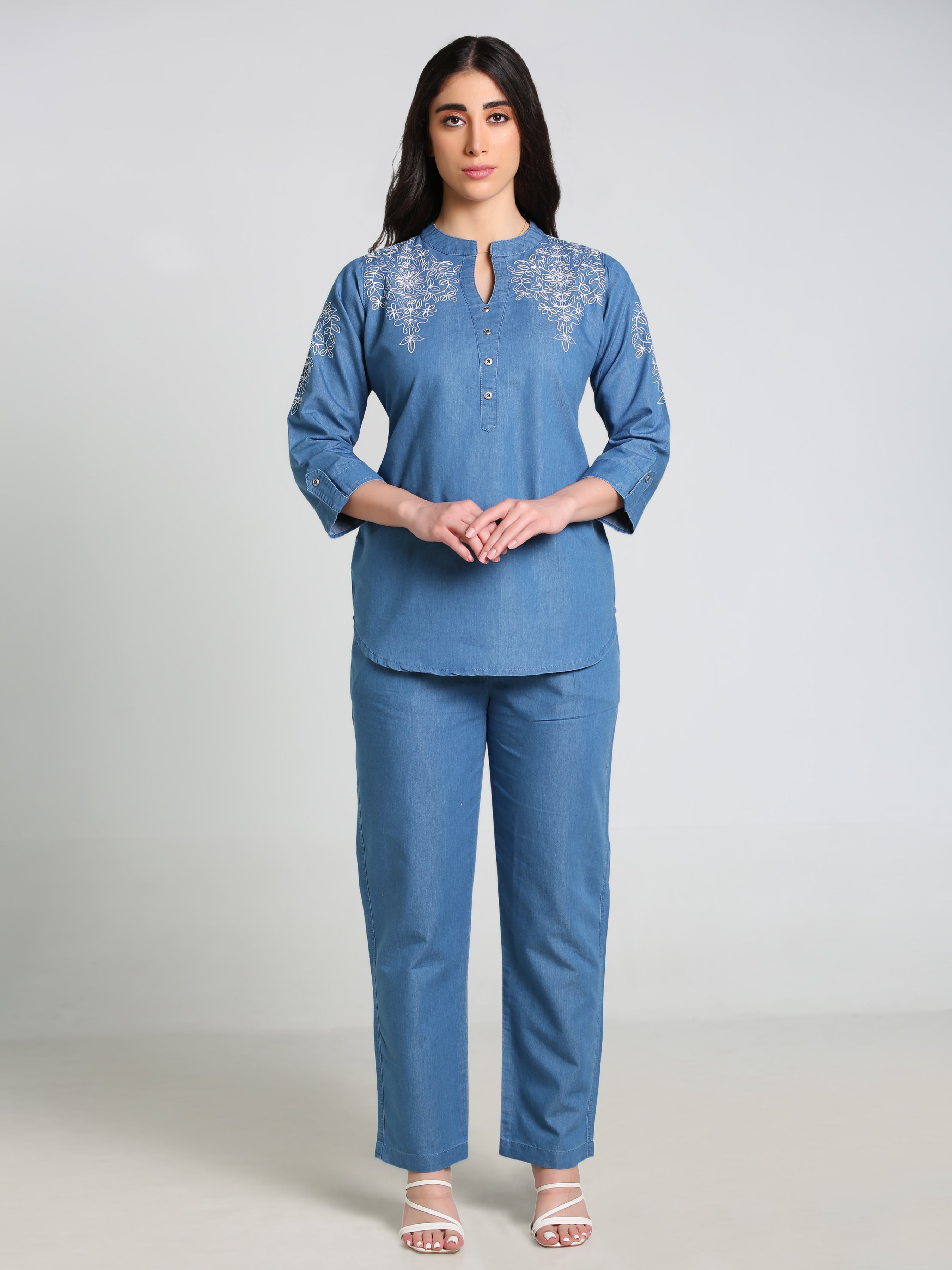 Denim Butta Embroidred Mandarine Collar Co-ord Set