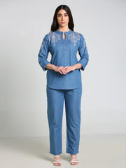 Denim Butta Embroidred Mandarine Collar Co-ord Set