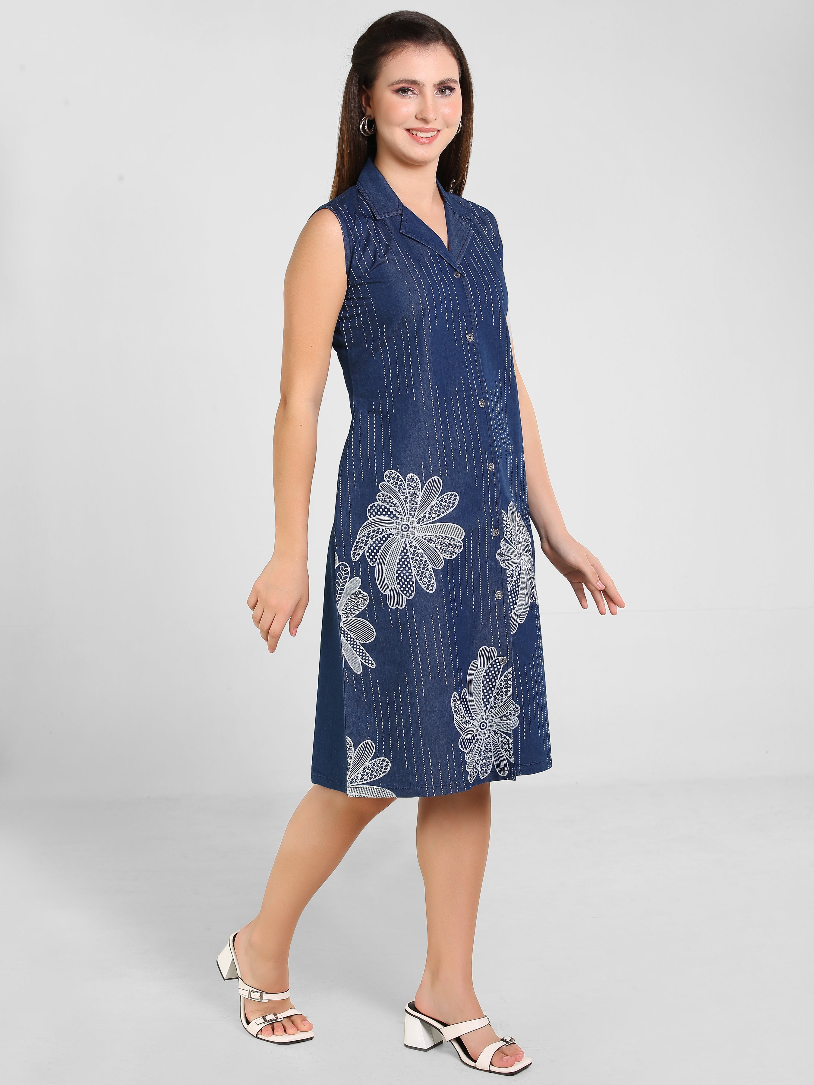 Denim Floral Printed Coat Collar Style One-Pieces Dress