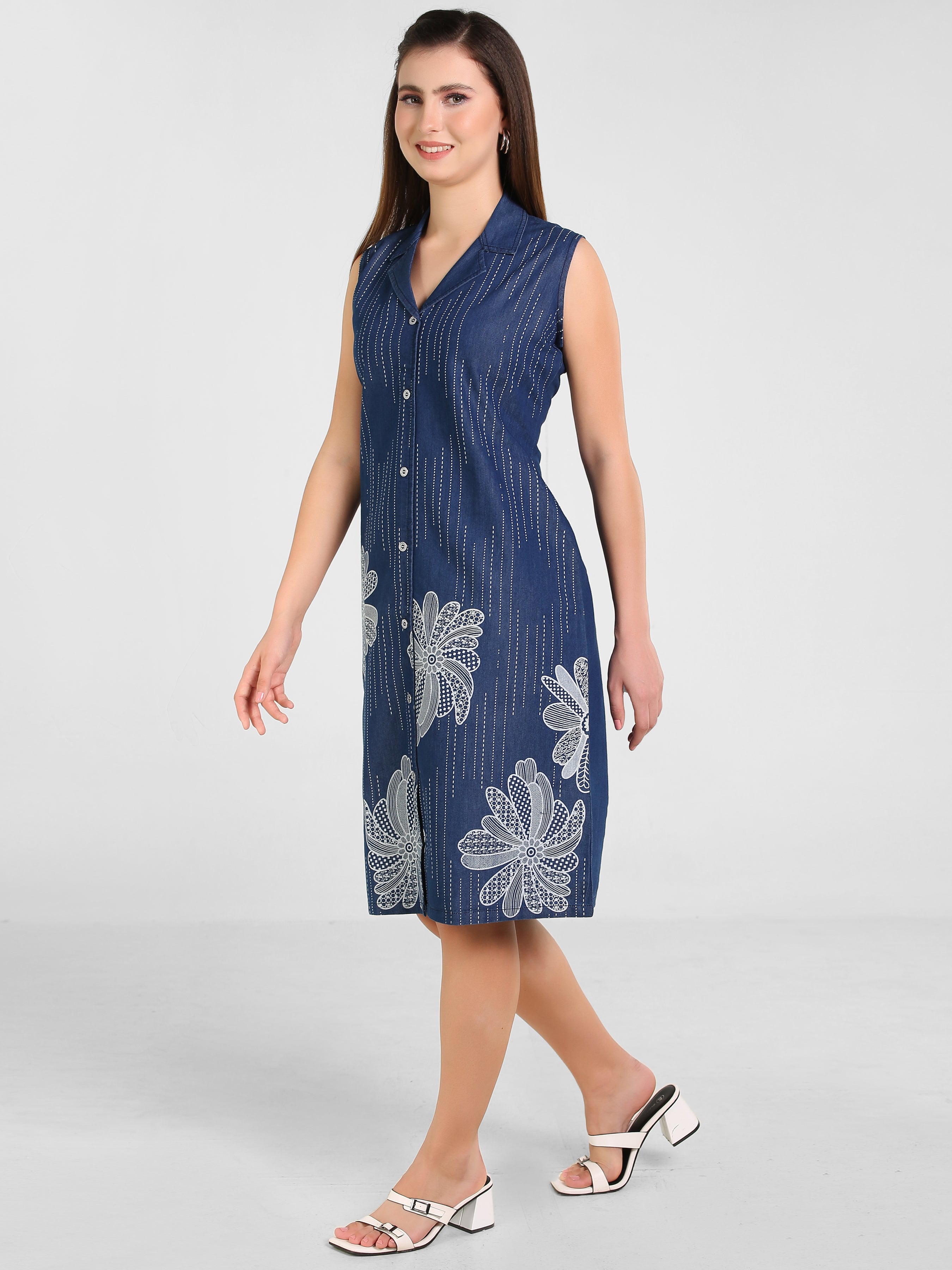 Denim Floral Printed Coat Collar Style One-Pieces Dress