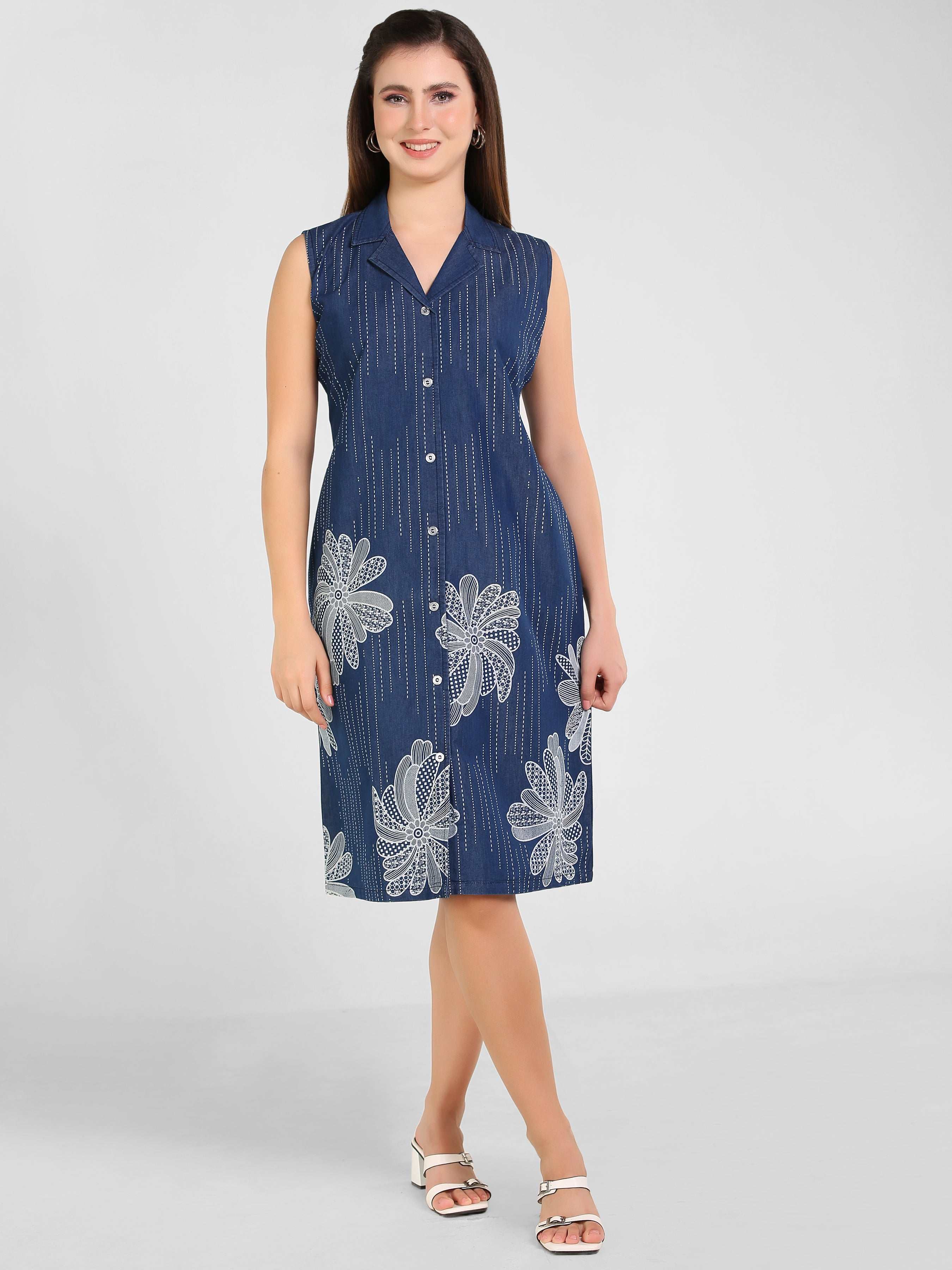 Denim Floral Printed Coat Collar Style One-Pieces Dress