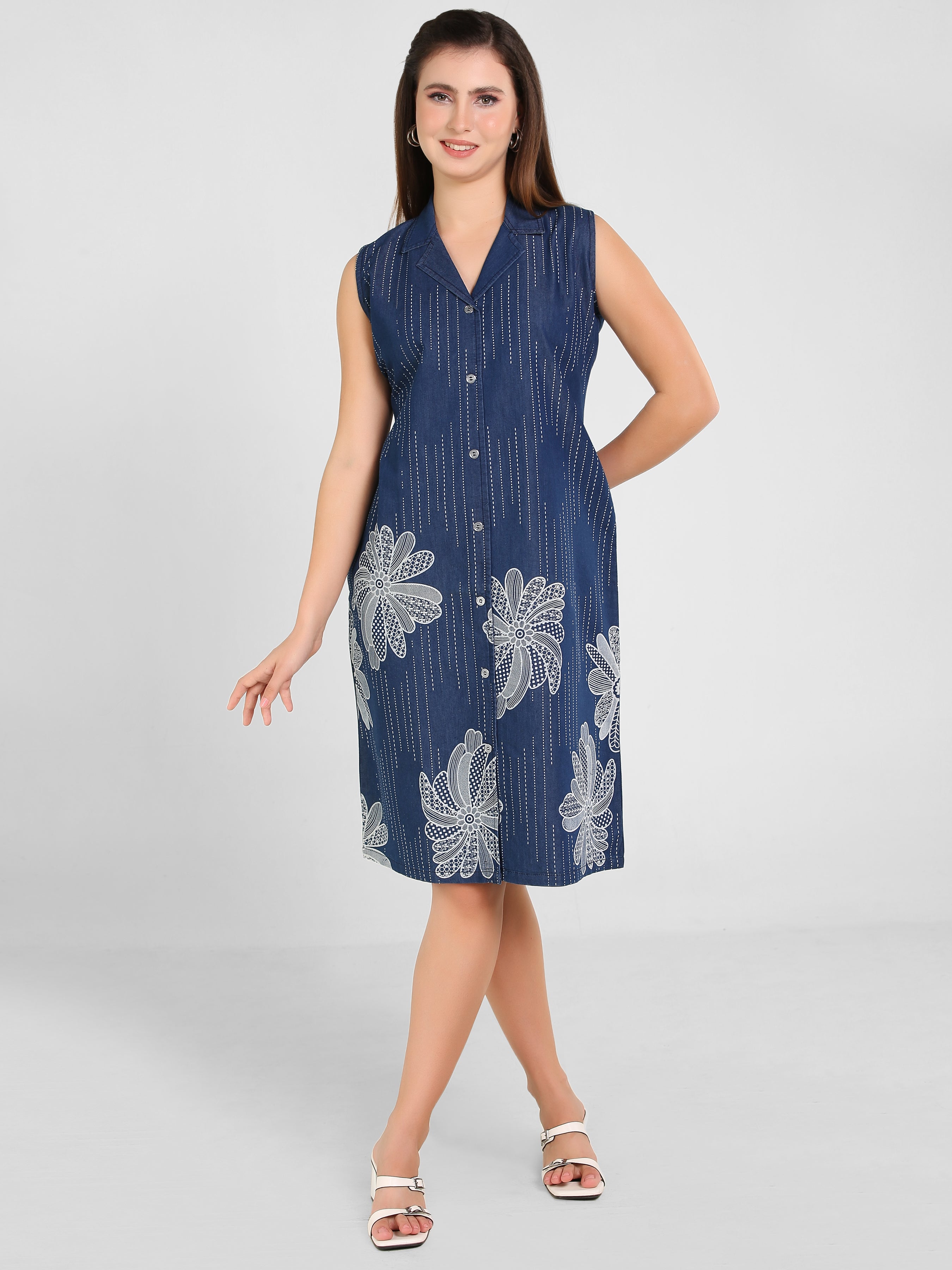 Denim Floral Printed Coat Collar Style One-Pieces Dress