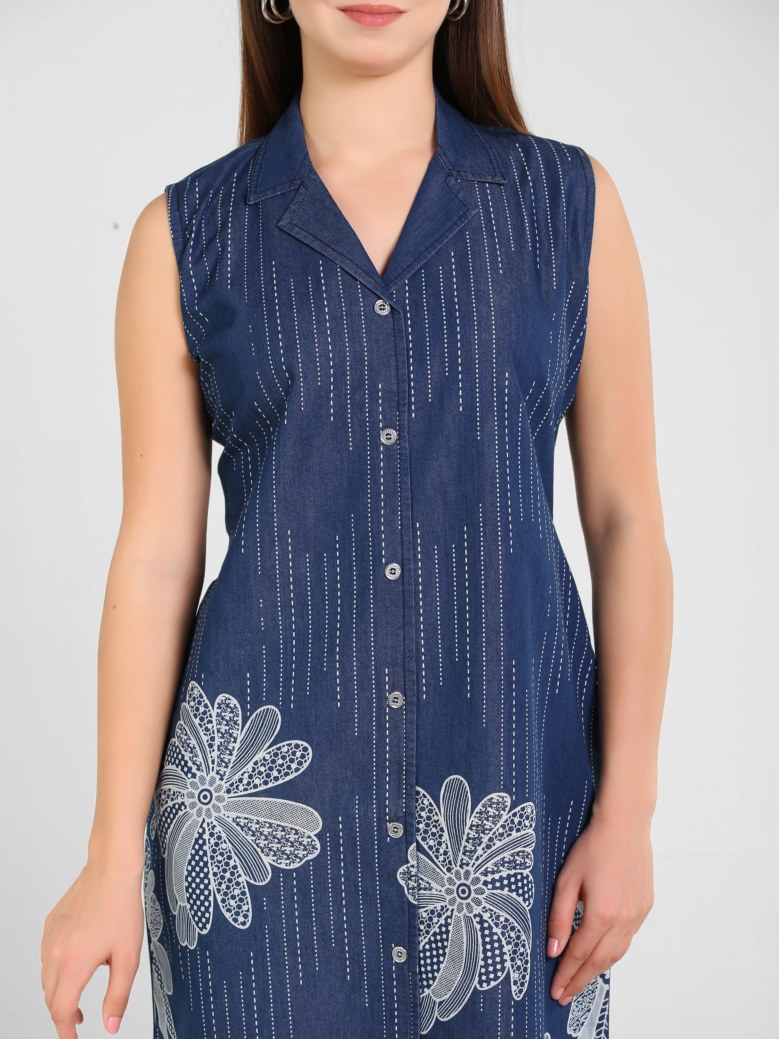 Denim Floral Printed Coat Collar Style One-Pieces Dress