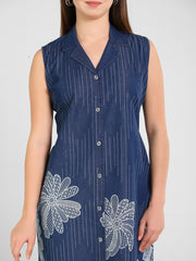Denim Floral Printed Coat Collar Style One-Pieces Dress
