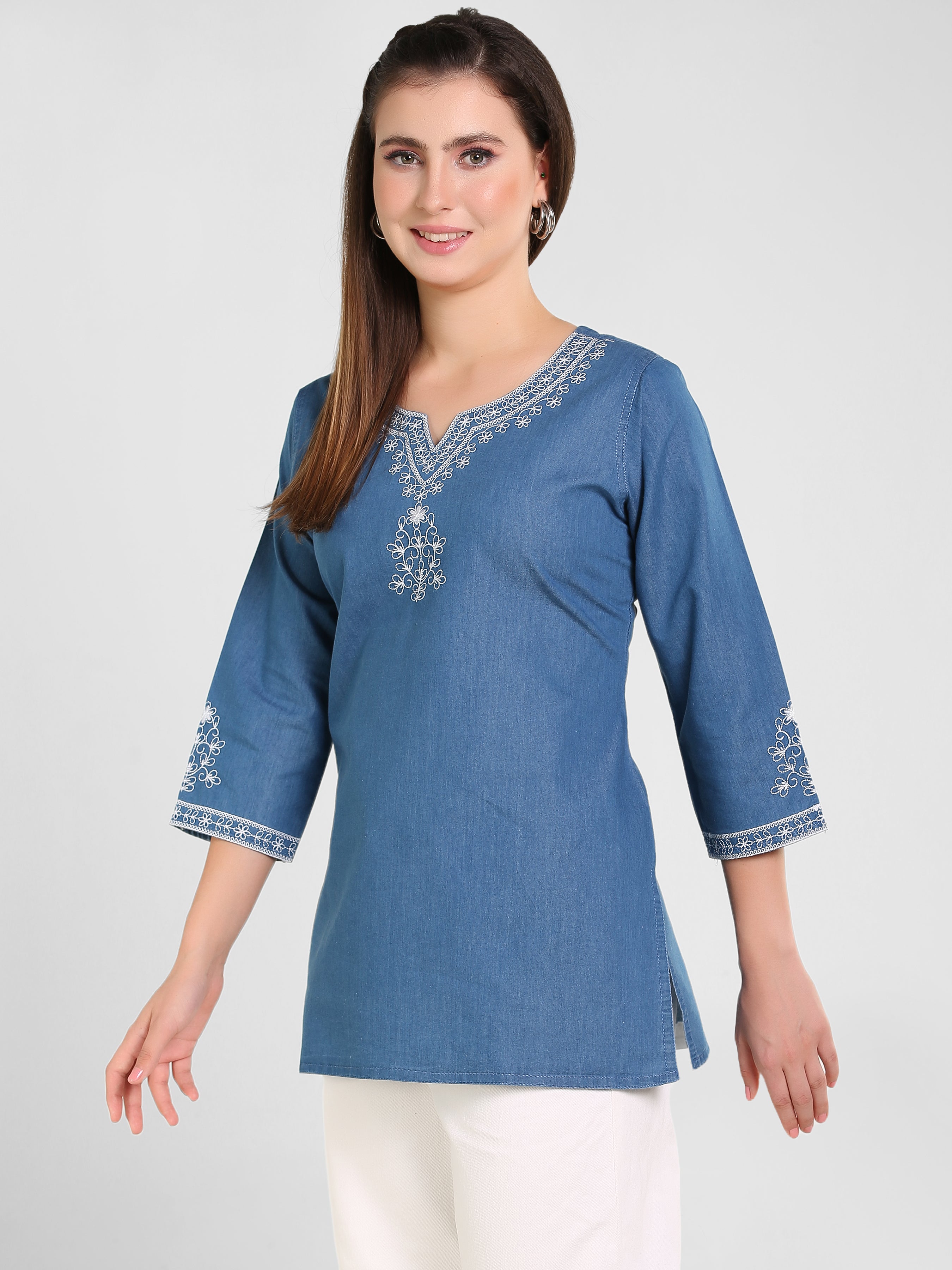 Denim Embroidered Kurti