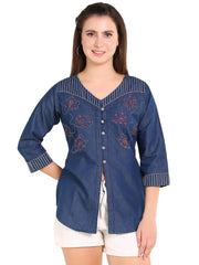 Denim Indo Wstrn Front Slit Embroidered Kurti