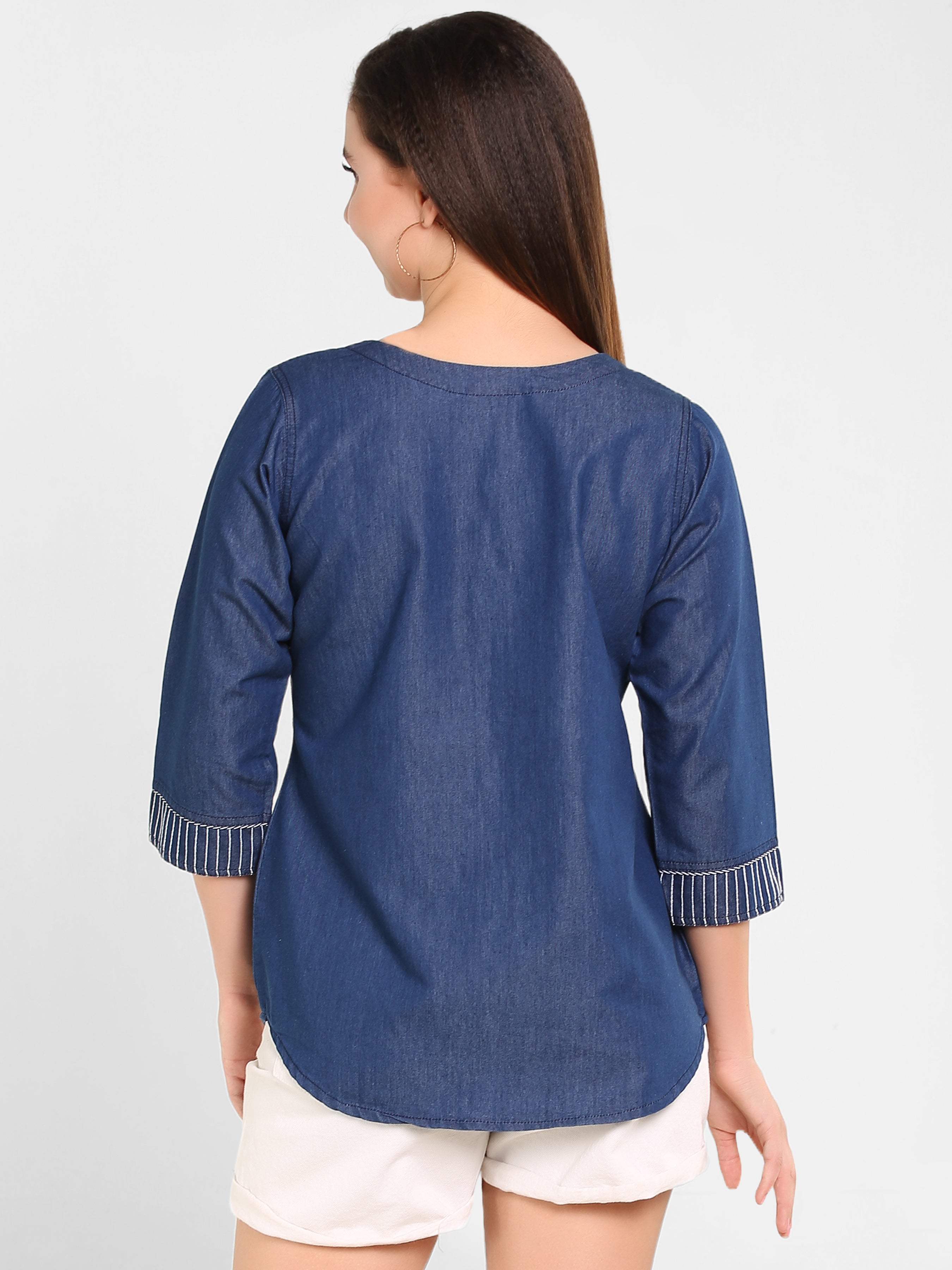 Denim Indo Wstrn Front Slit Embroidered Kurti