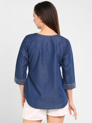 Denim Indo Wstrn Front Slit Embroidered Kurti