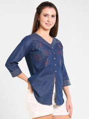 Denim Indo Wstrn Front Slit Embroidered Kurti
