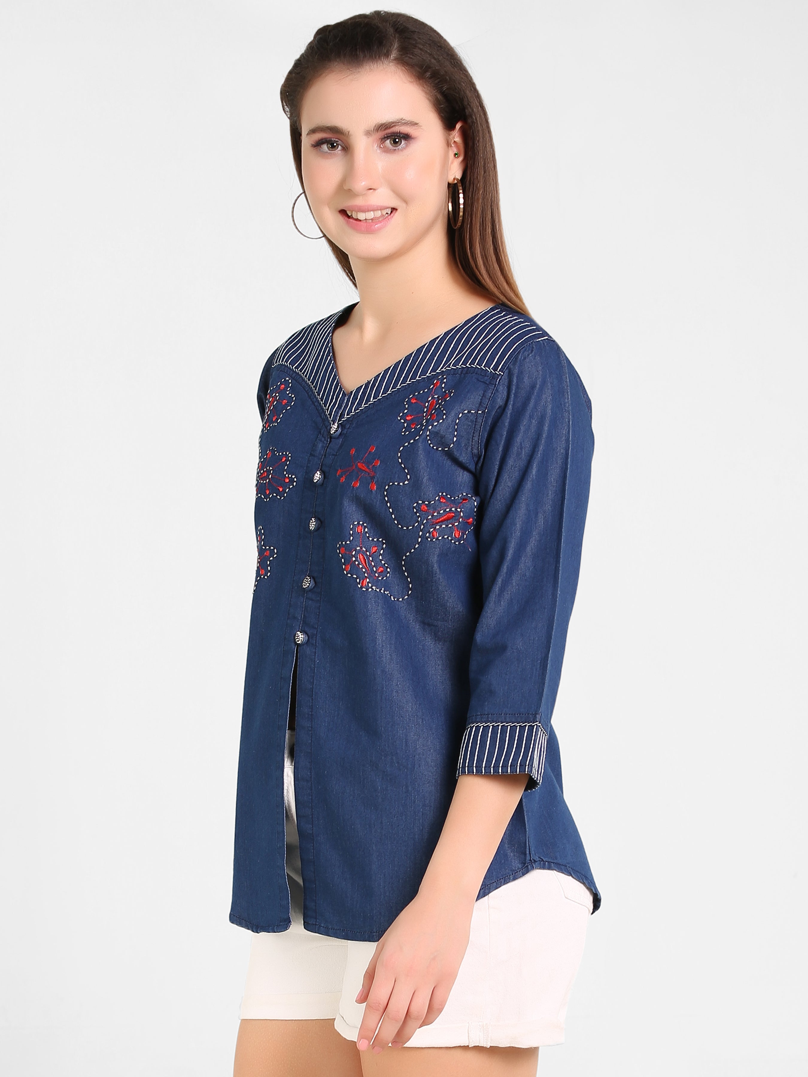 Denim Indo Wstrn Front Slit Embroidered Kurti