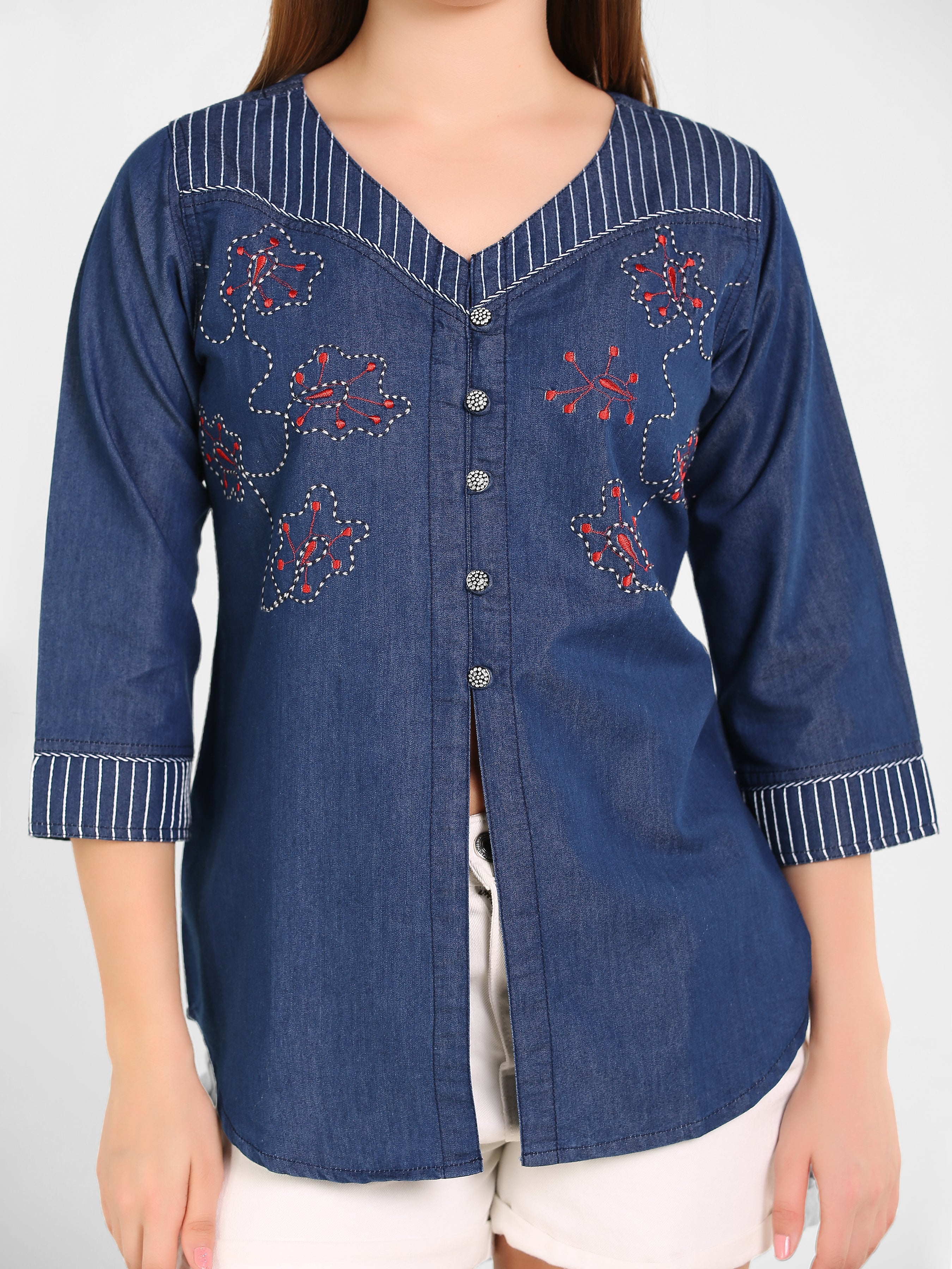 Denim Indo Wstrn Front Slit Embroidered Kurti