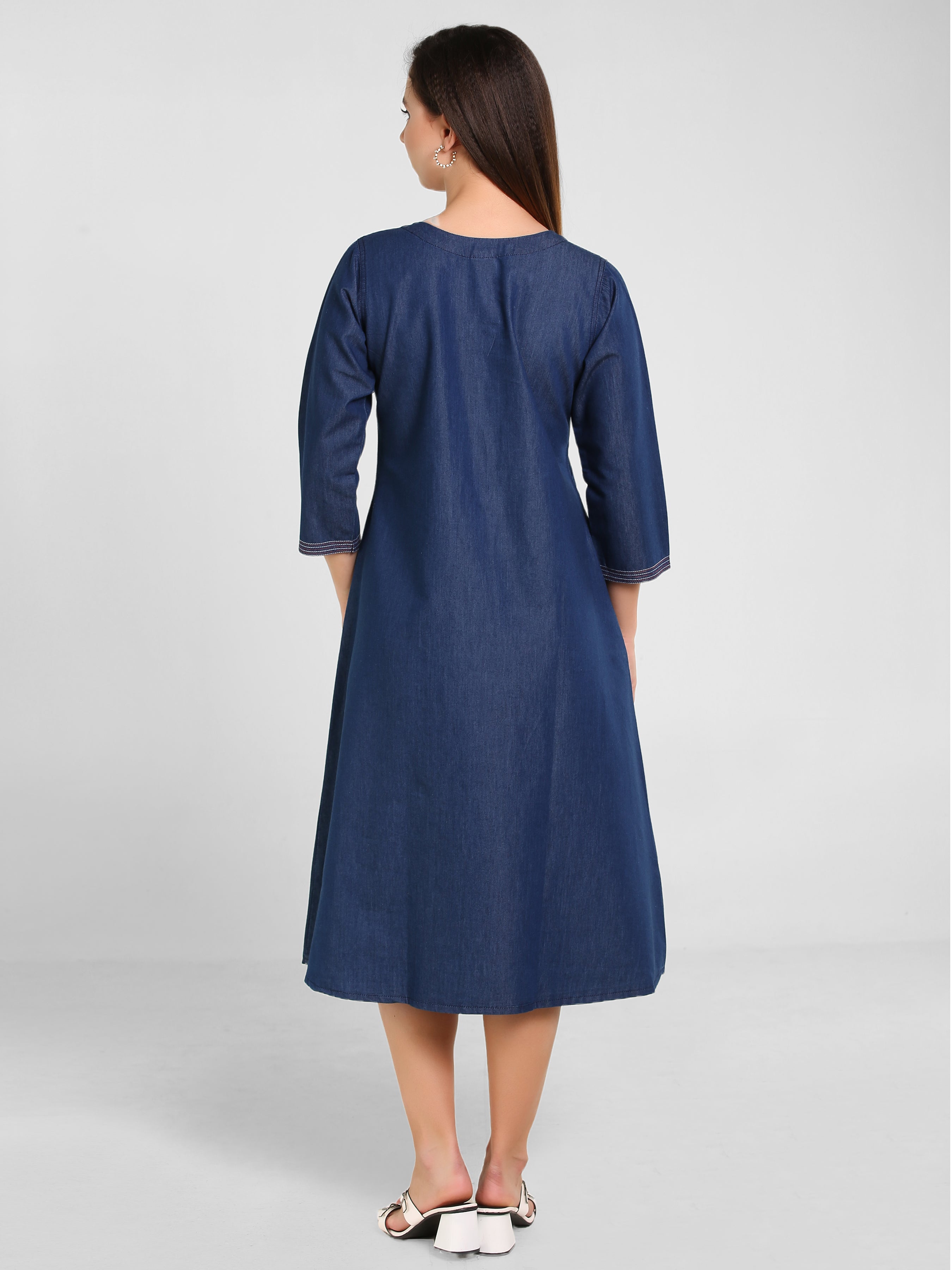 Denim Printed A-Line Red Stitch Kedia Style Dress