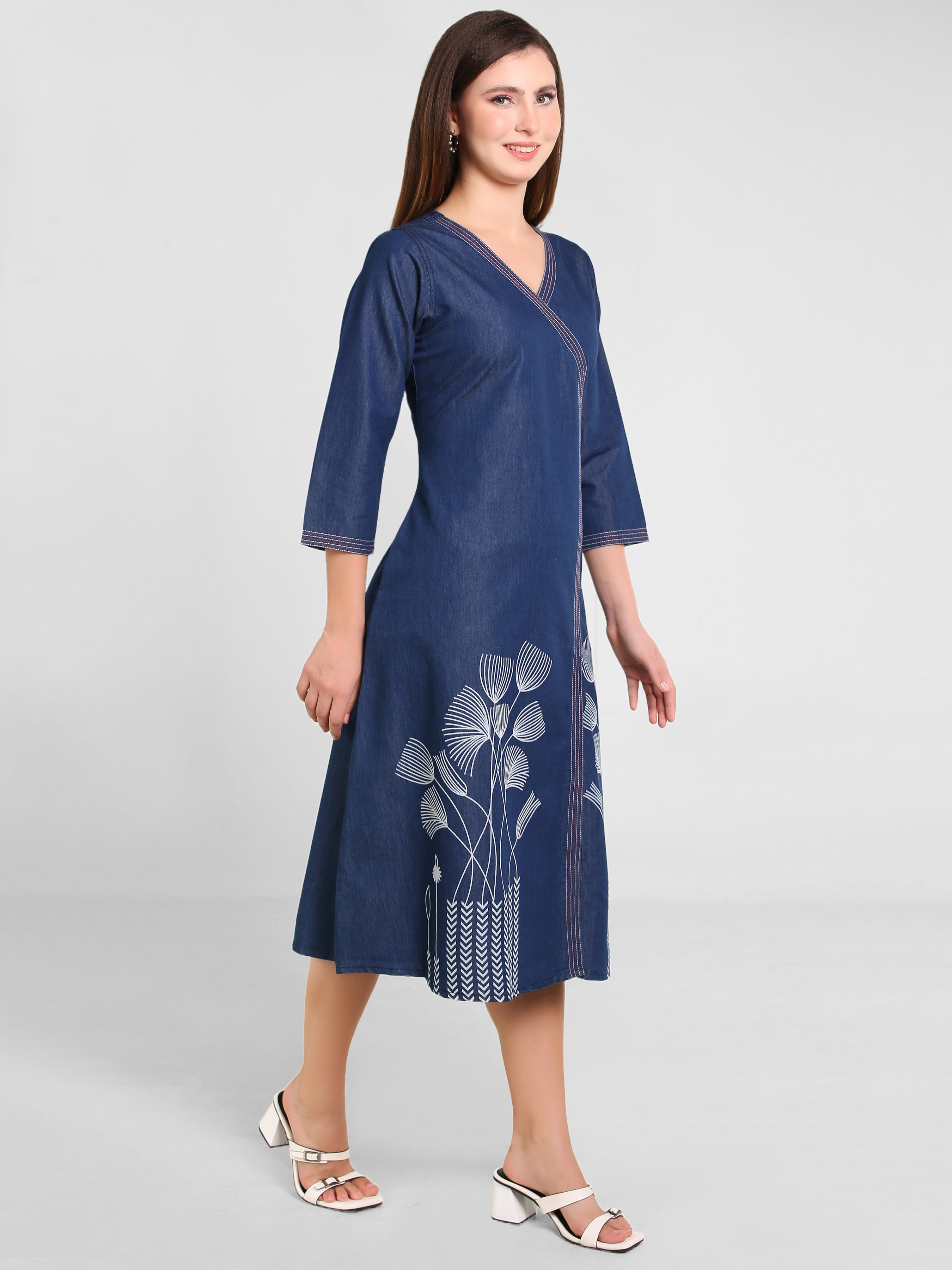 Denim Printed A-Line Red Stitch Kedia Style Dress