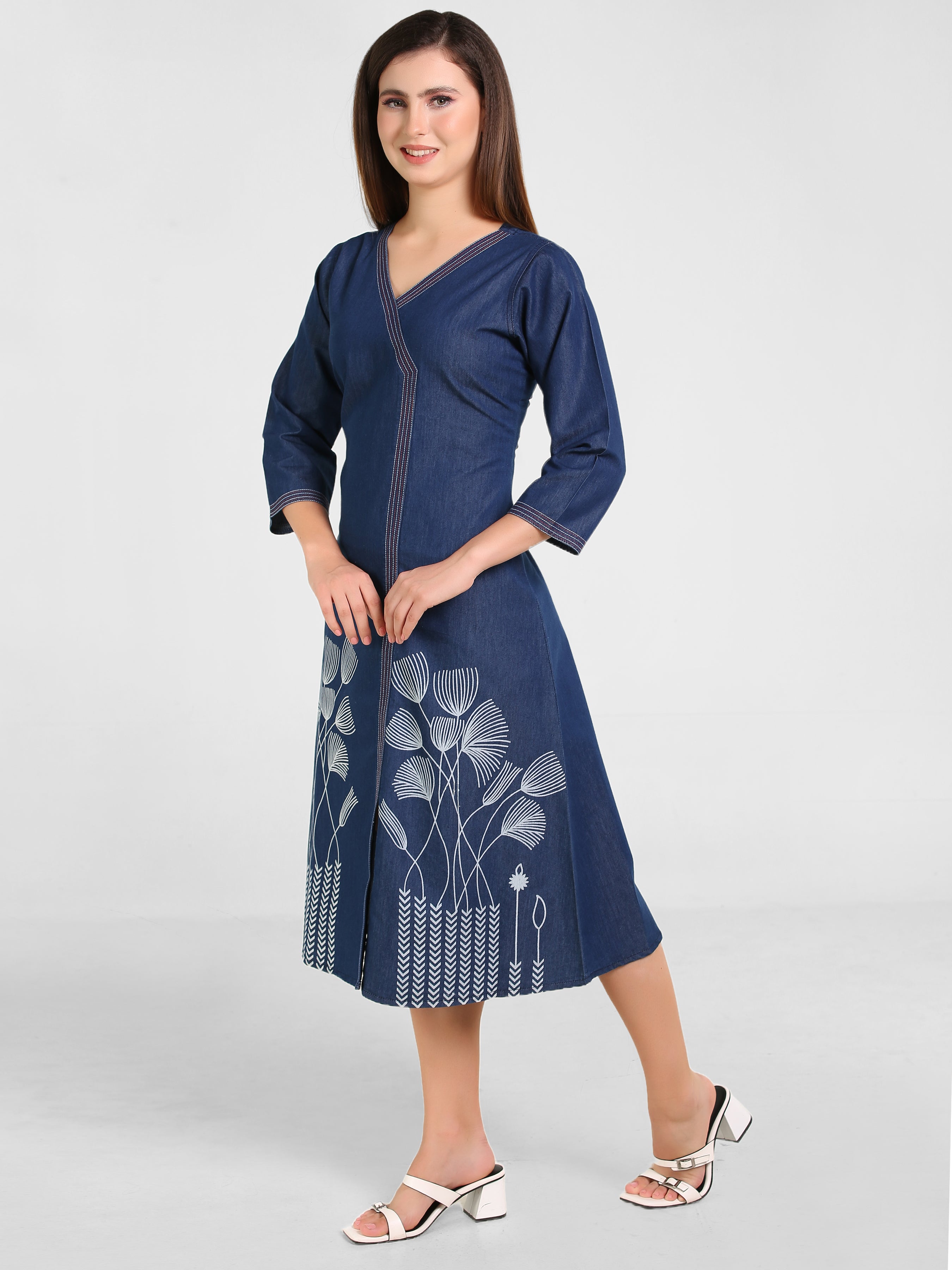 Denim Printed A-Line Red Stitch Kedia Style Dress