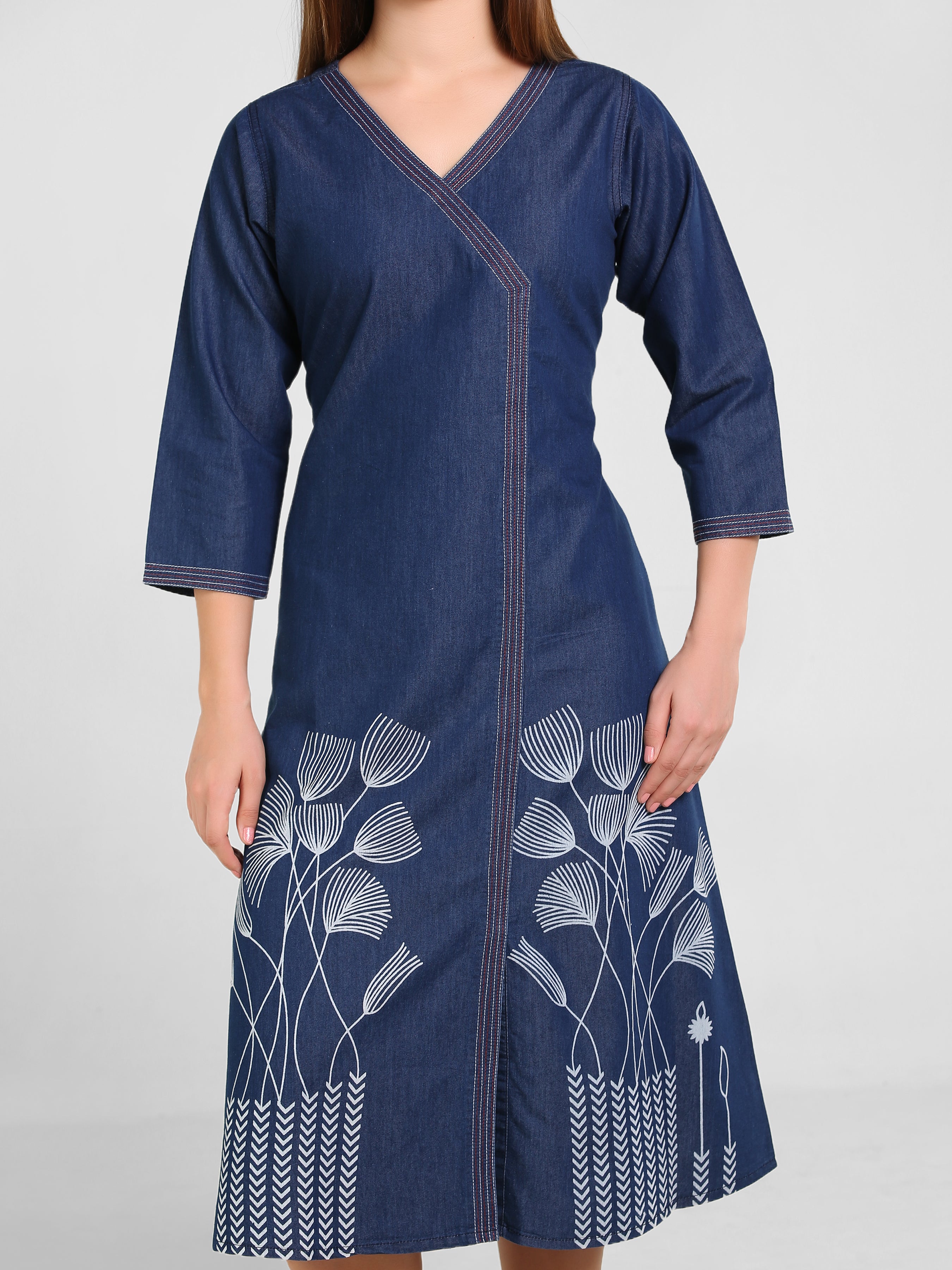 Denim Printed A-Line Red Stitch Kedia Style Dress
