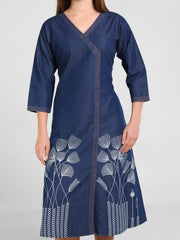 Denim Printed A-Line Red Stitch Kedia Style Dress