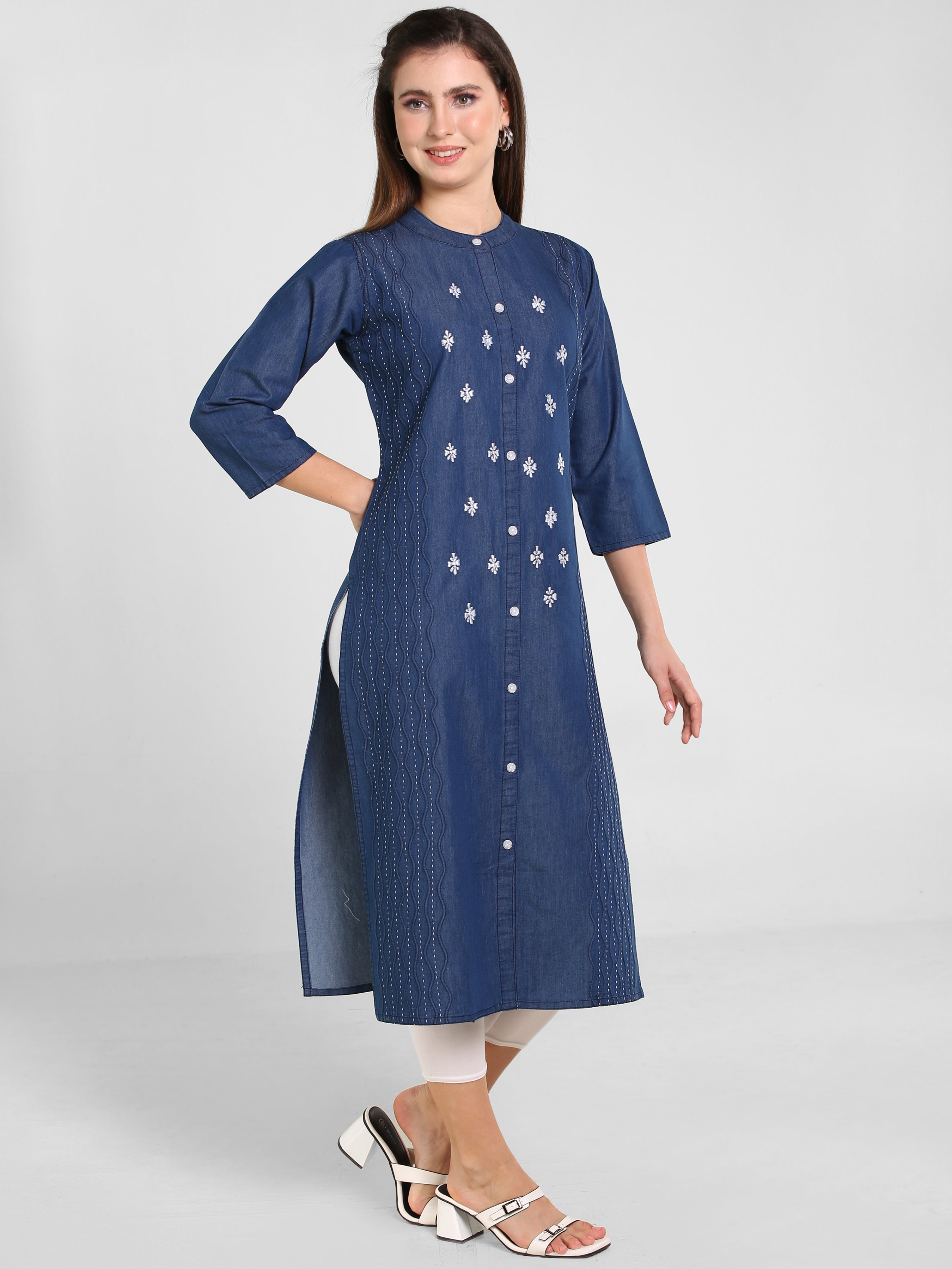 Denim Embroidered Dori Kantha Work Kurta