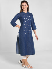 Denim Embroidered Dori Kantha Work Kurta