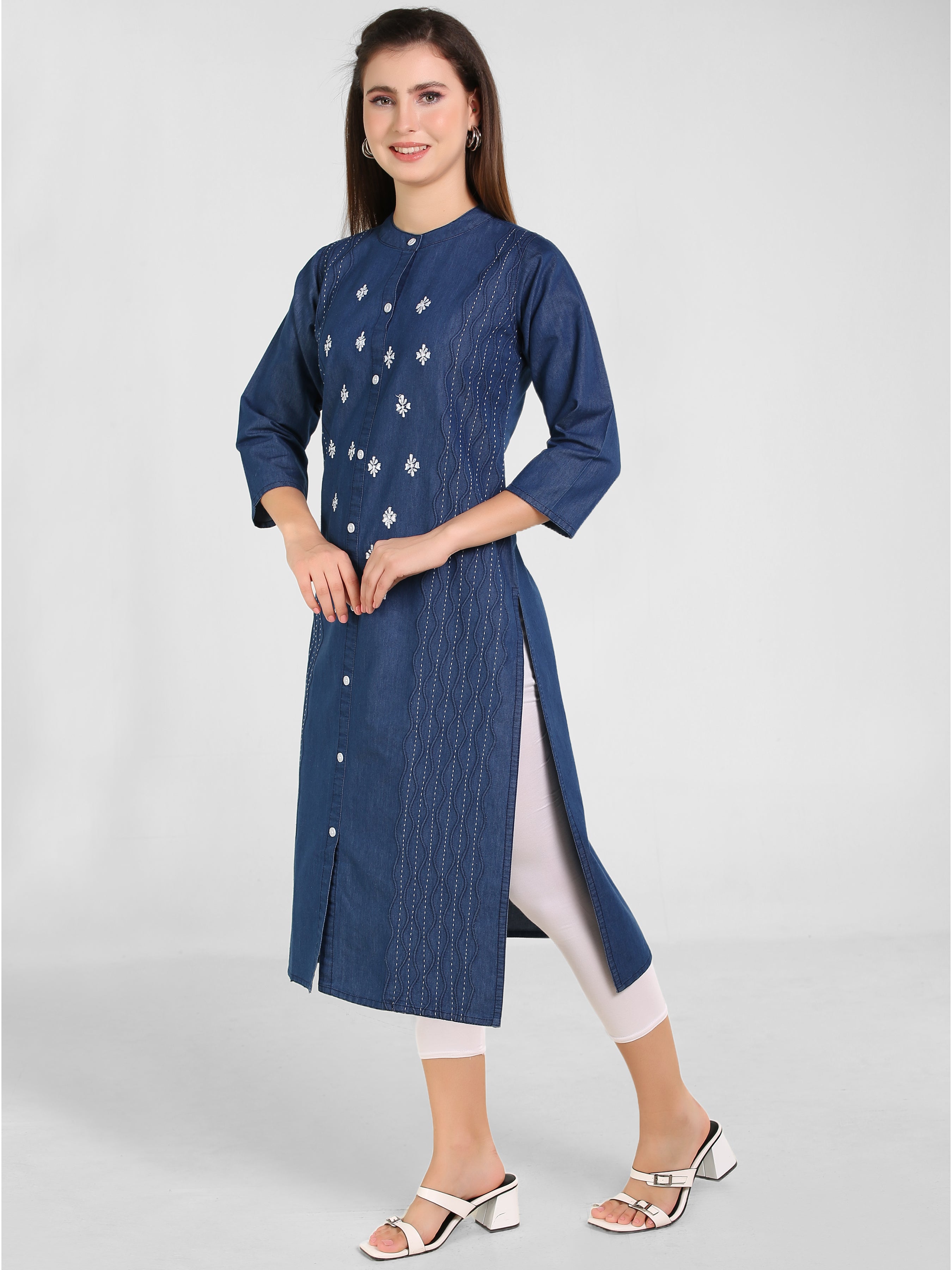 Denim Embroidered Dori Kantha Work Kurta