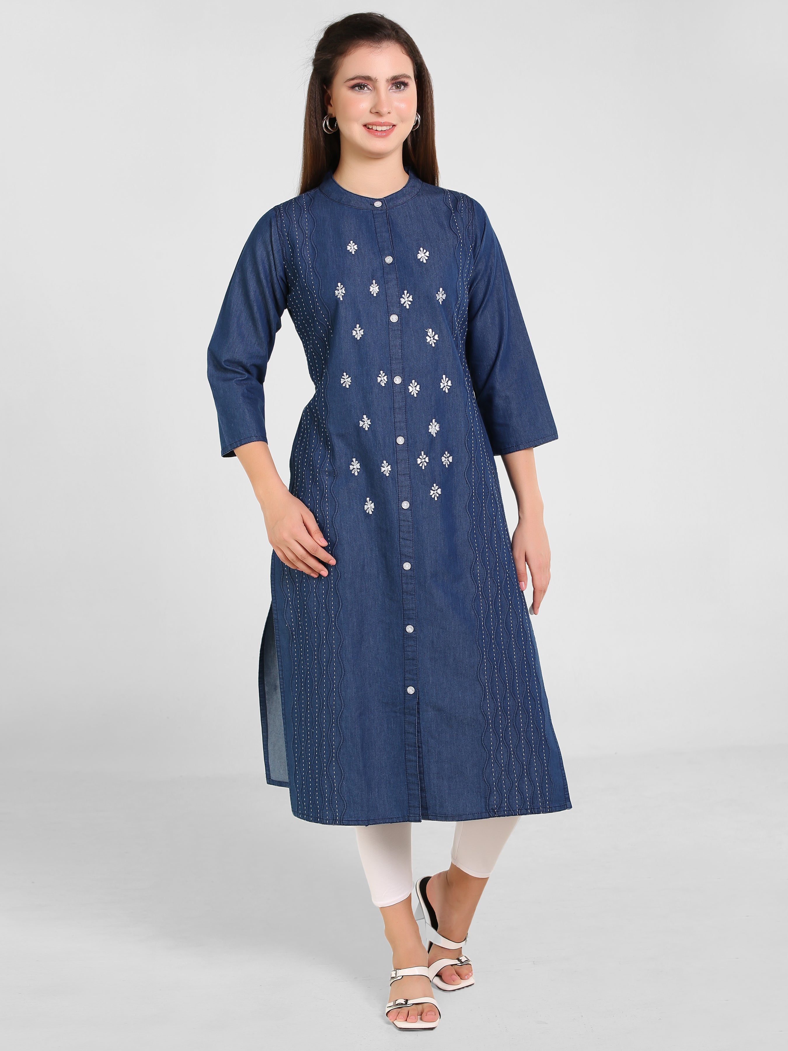 Denim Embroidered Dori Kantha Work Kurta