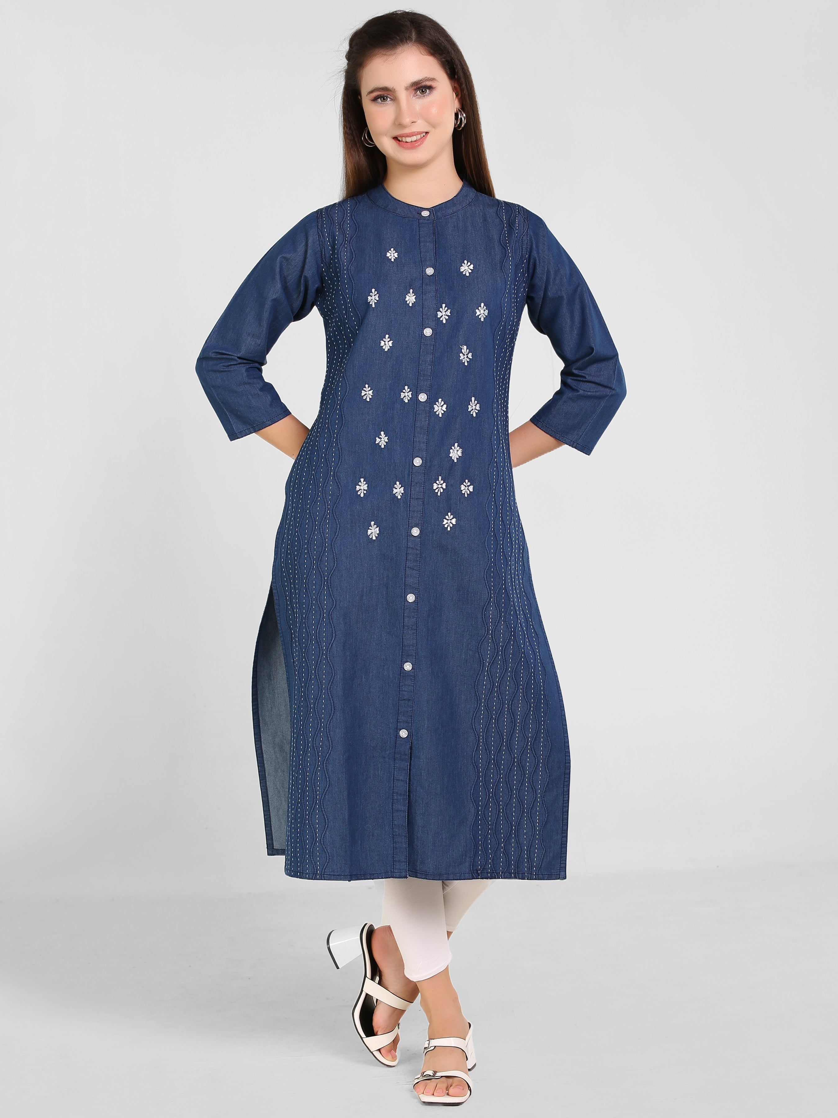 Denim Embroidered Dori Kantha Work Kurta