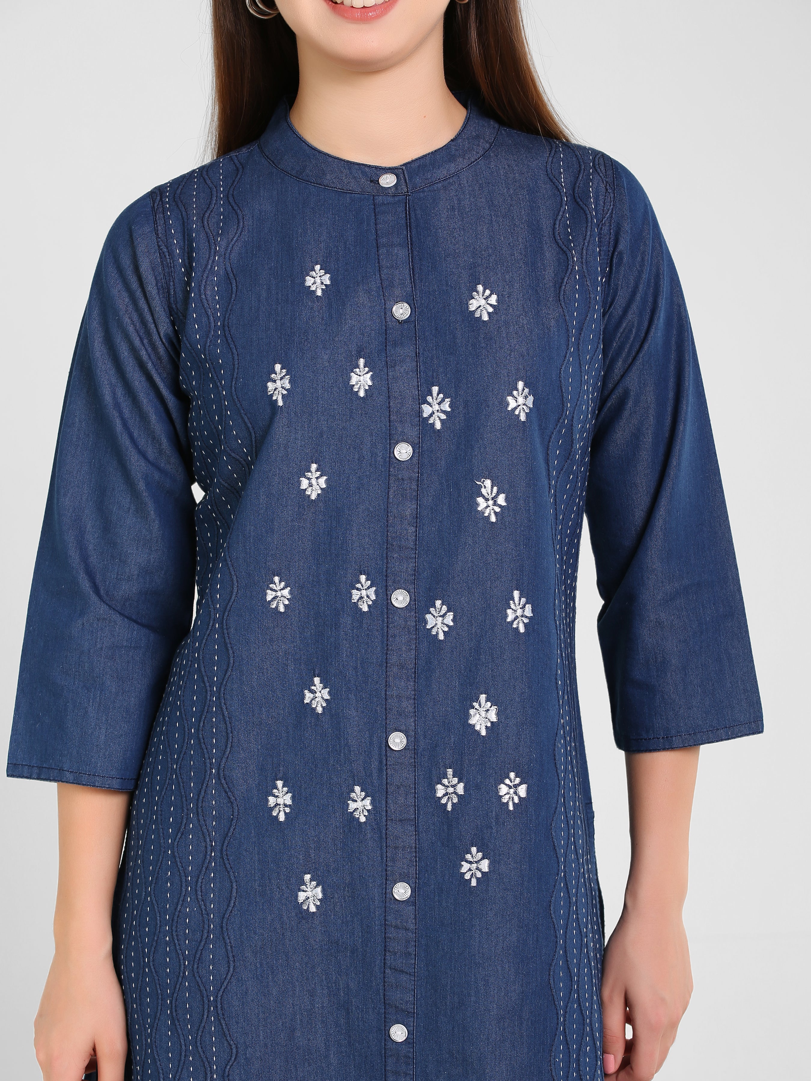 Denim Embroidered Dori Kantha Work Kurta