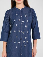 Denim Embroidered Dori Kantha Work Kurta