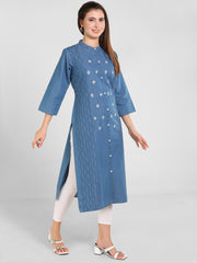 Denim Embroidered Dori Kantha Work Kurta