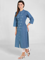 Denim Embroidered Dori Kantha Work Kurta