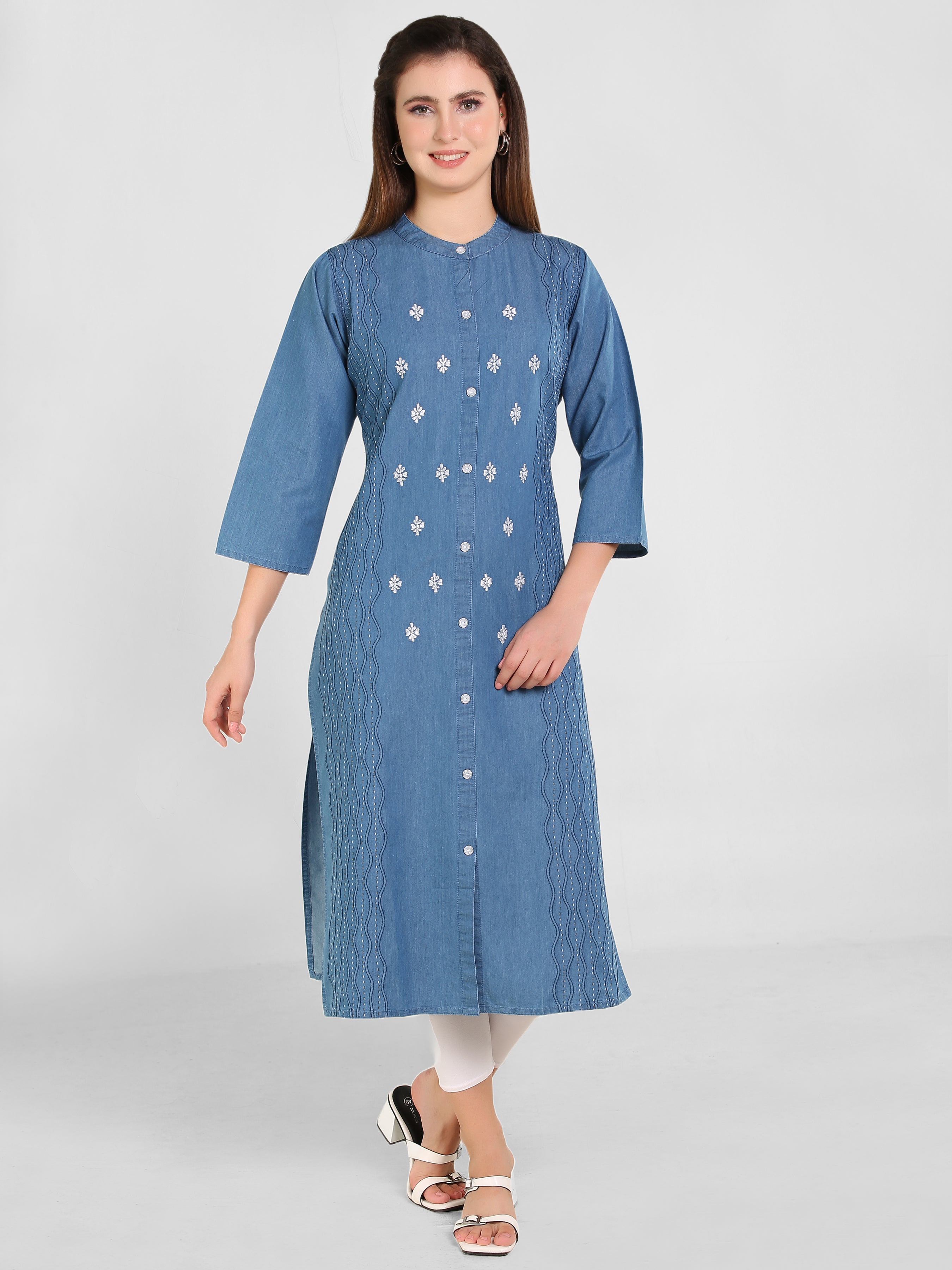 Denim Embroidered Dori Kantha Work Kurta
