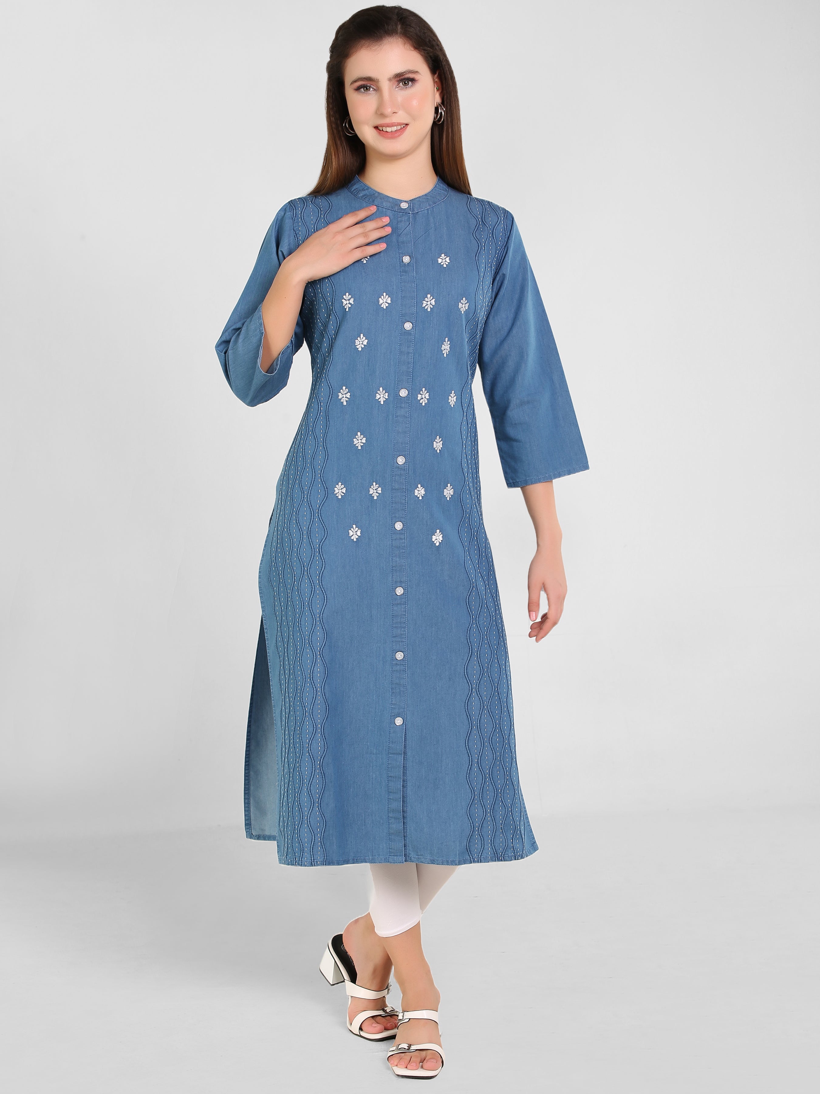 Denim Embroidered Dori Kantha Work Kurta