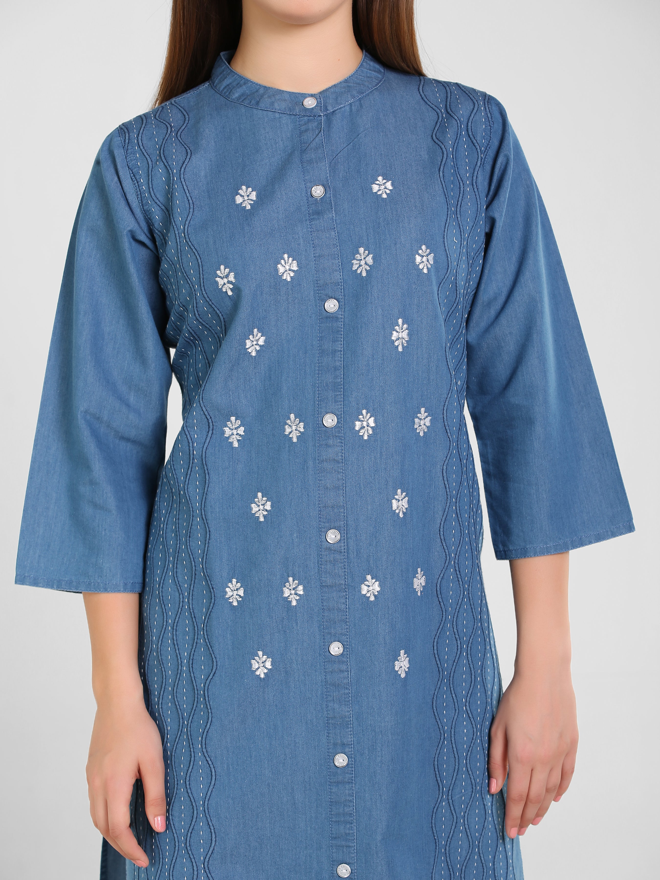 Denim Embroidered Dori Kantha Work Kurta
