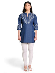 Denim Floral Neck and Sleeves Printed Mandarine Collar Kurti
