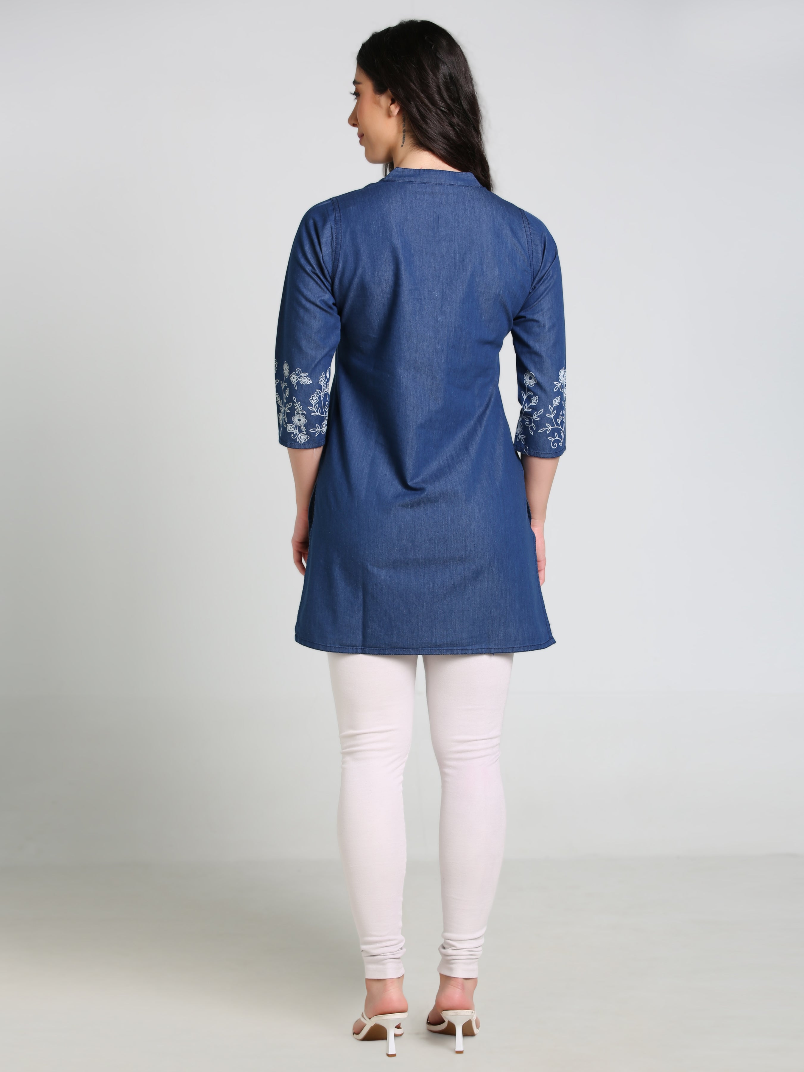 Denim Floral Neck and Sleeves Printed Mandarine Collar Kurti