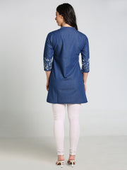 Denim Floral Neck and Sleeves Printed Mandarine Collar Kurti