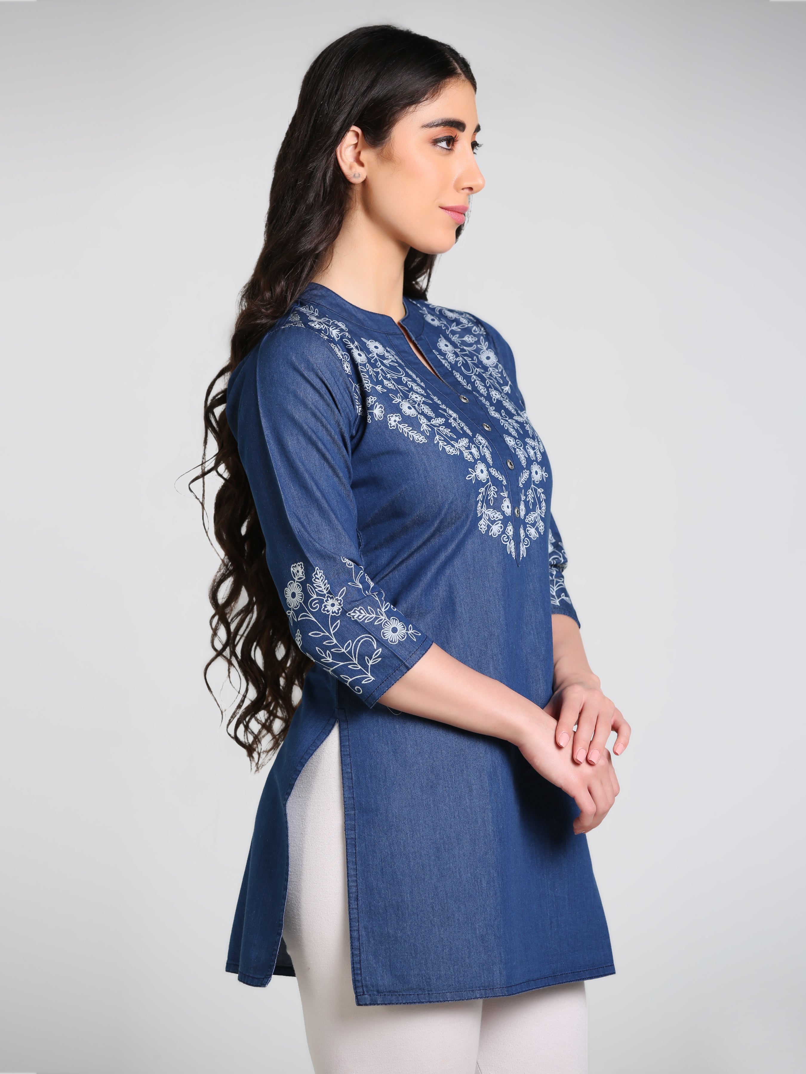 Denim Floral Neck and Sleeves Printed Mandarine Collar Kurti