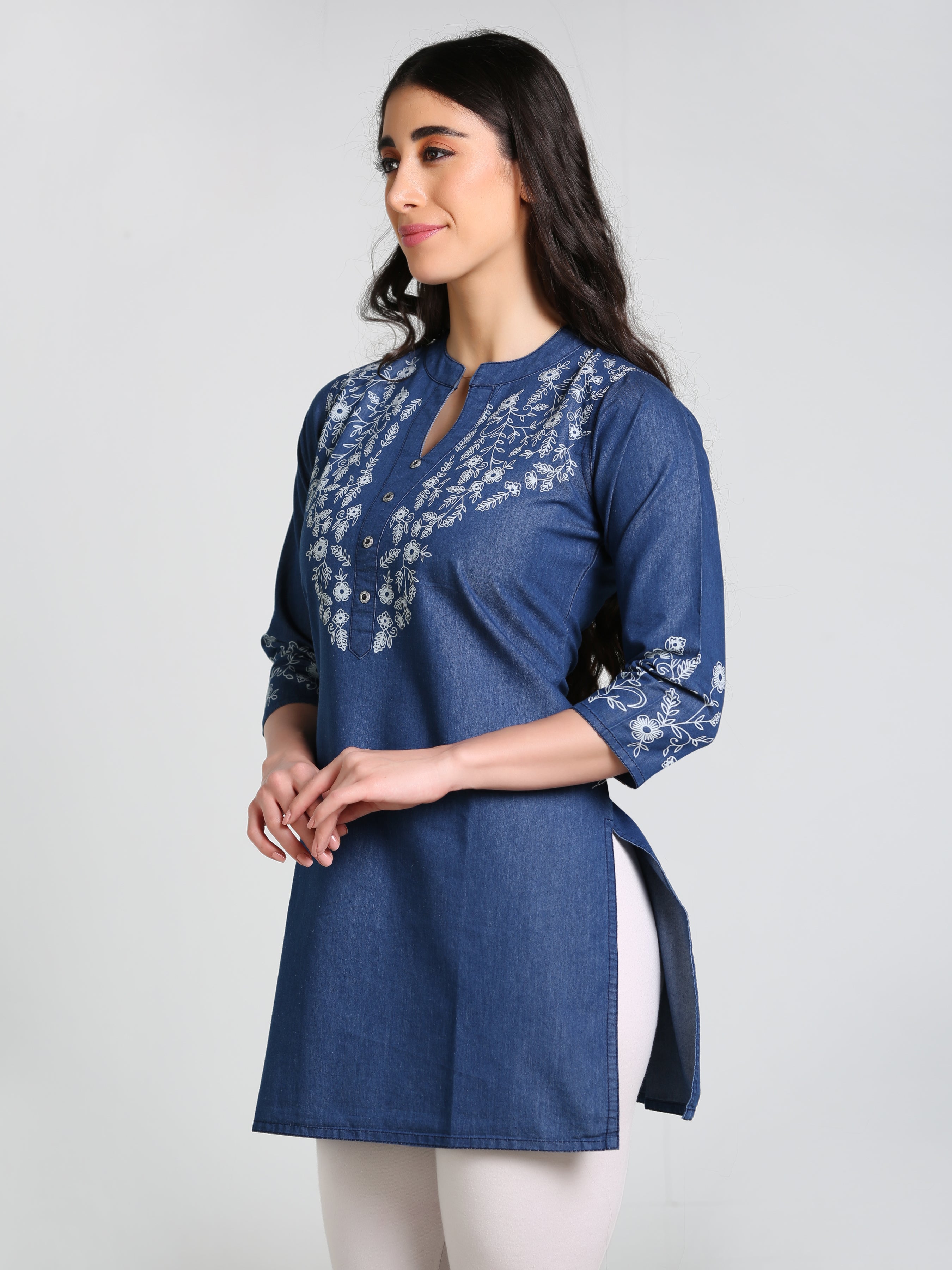 Denim Floral Neck and Sleeves Printed Mandarine Collar Kurti