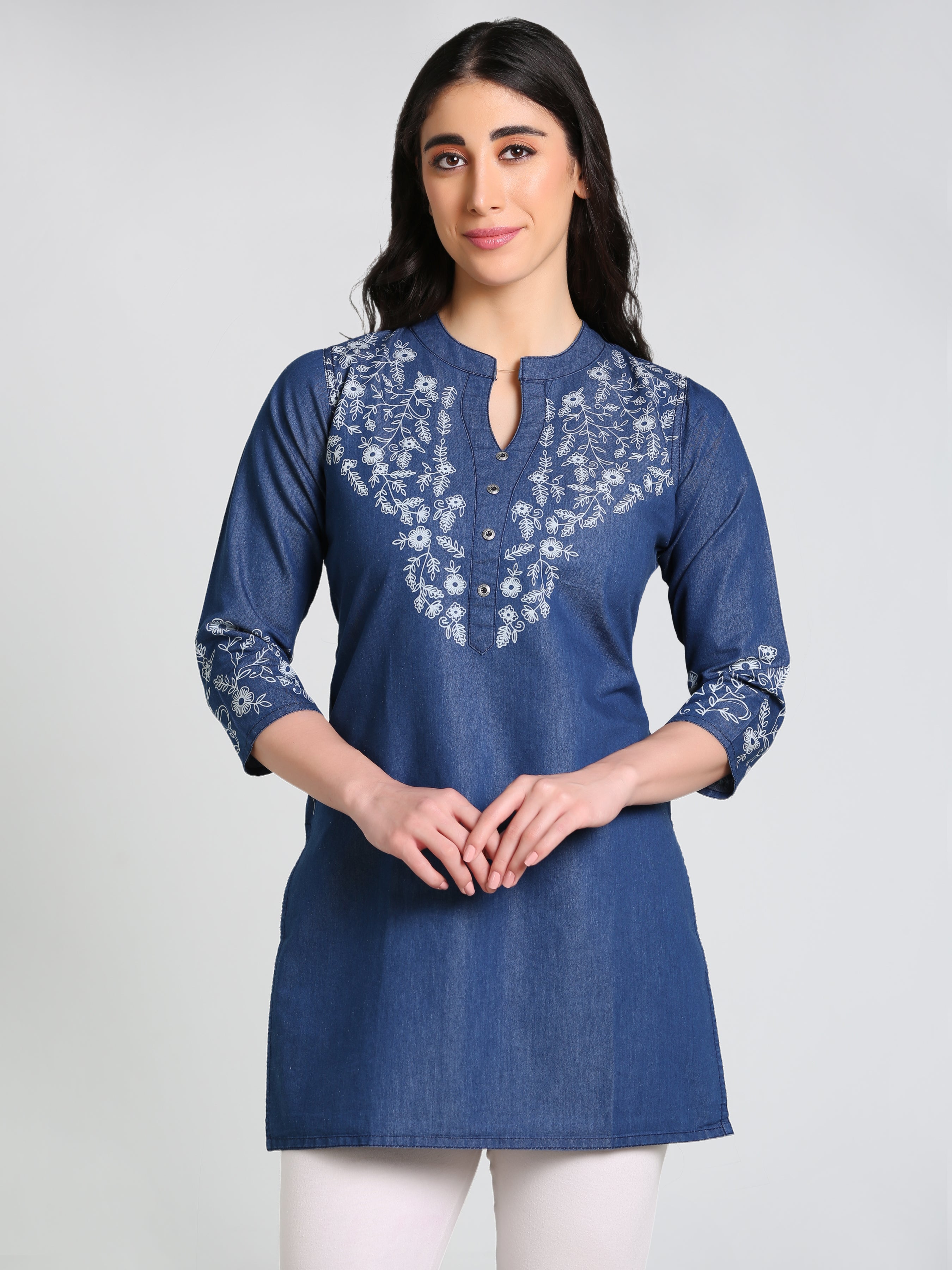 Denim Floral Neck and Sleeves Printed Mandarine Collar Kurti