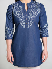 Denim Floral Neck and Sleeves Printed Mandarine Collar Kurti