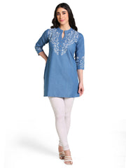 Denim Floral Neck and Sleeves Printed Mandarine Collar Kurti