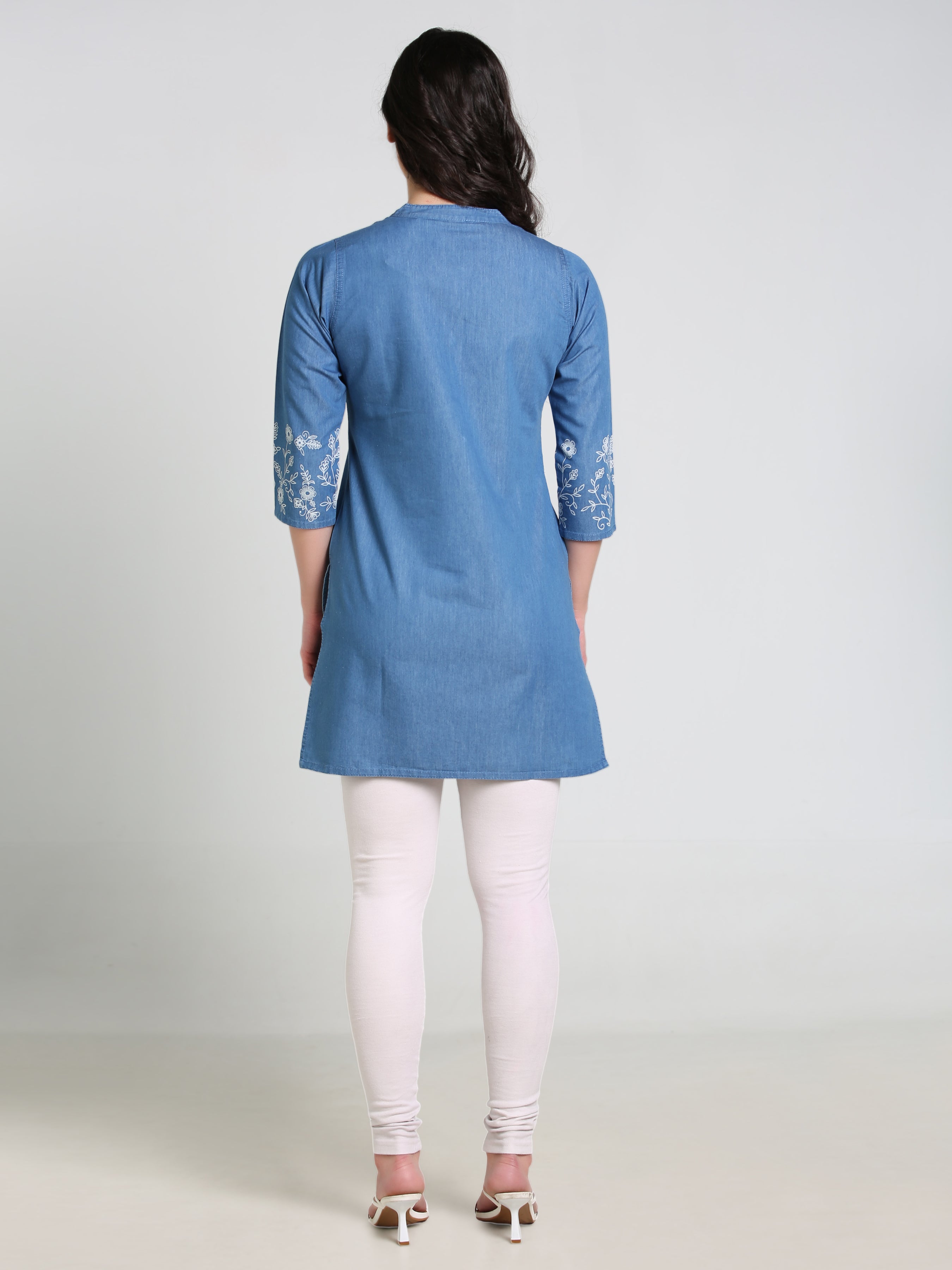 Denim Floral Neck and Sleeves Printed Mandarine Collar Kurti