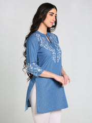 Denim Floral Neck and Sleeves Printed Mandarine Collar Kurti