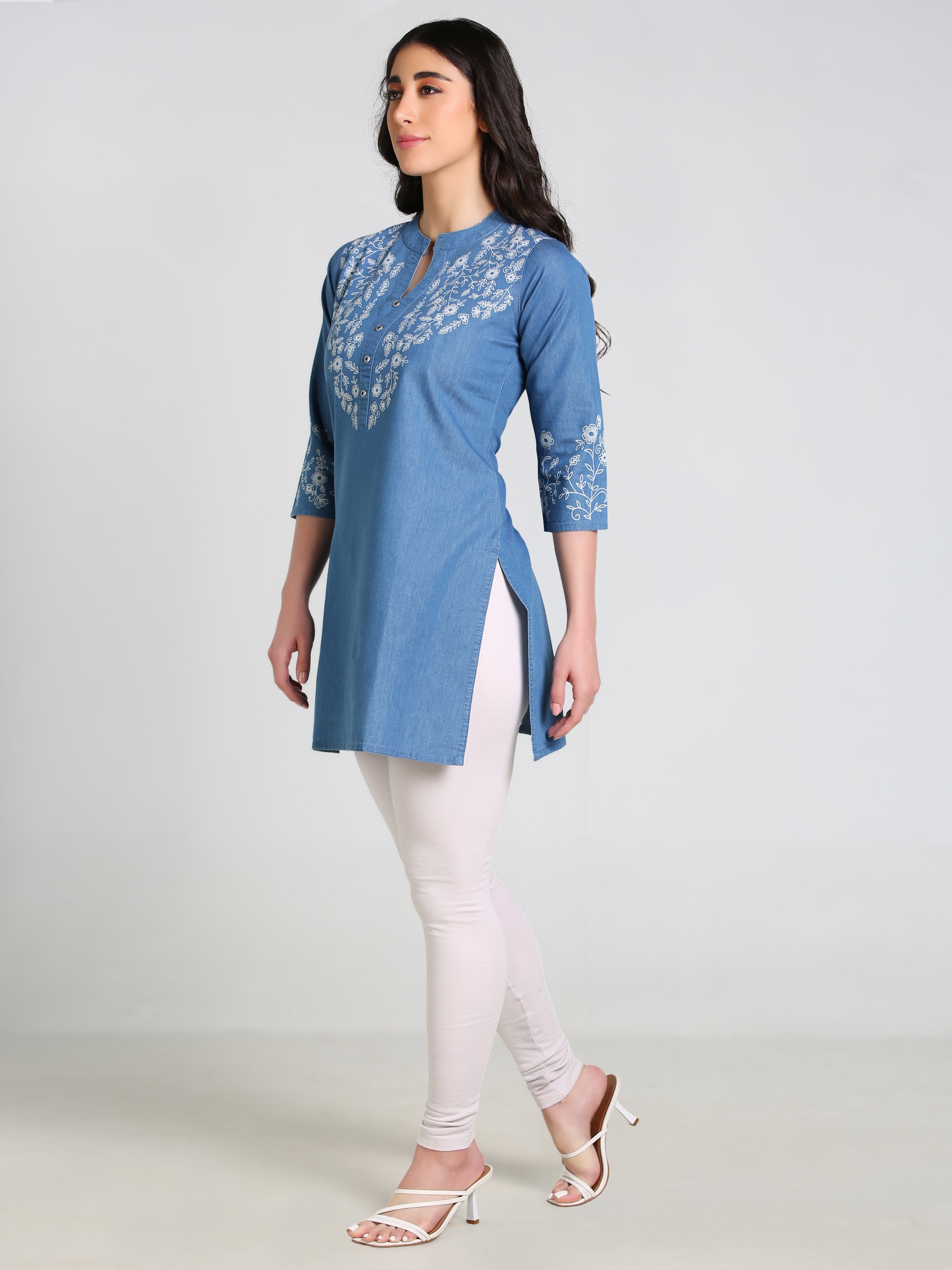 Denim Floral Neck and Sleeves Printed Mandarine Collar Kurti