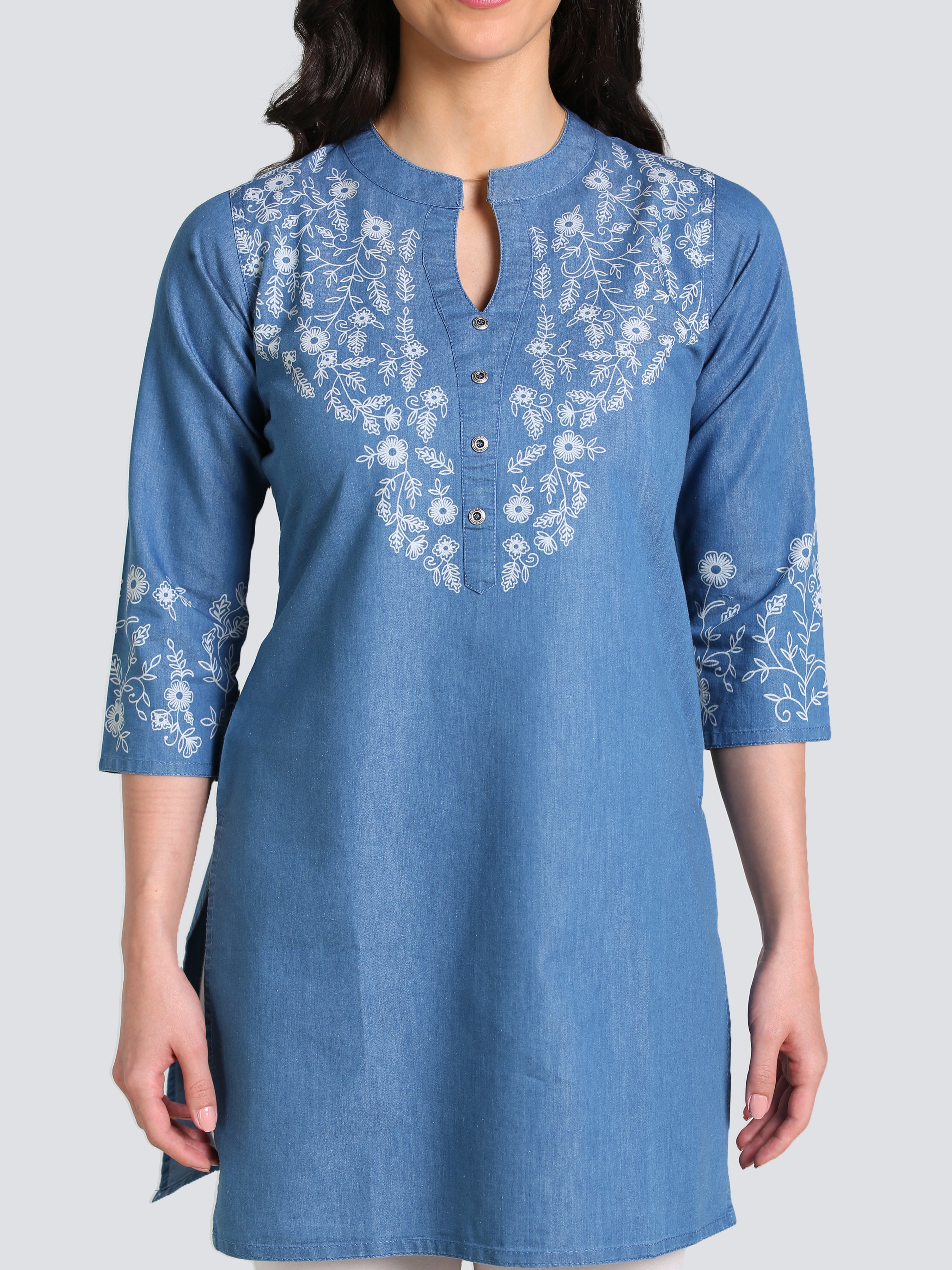 Denim Floral Neck and Sleeves Printed Mandarine Collar Kurti