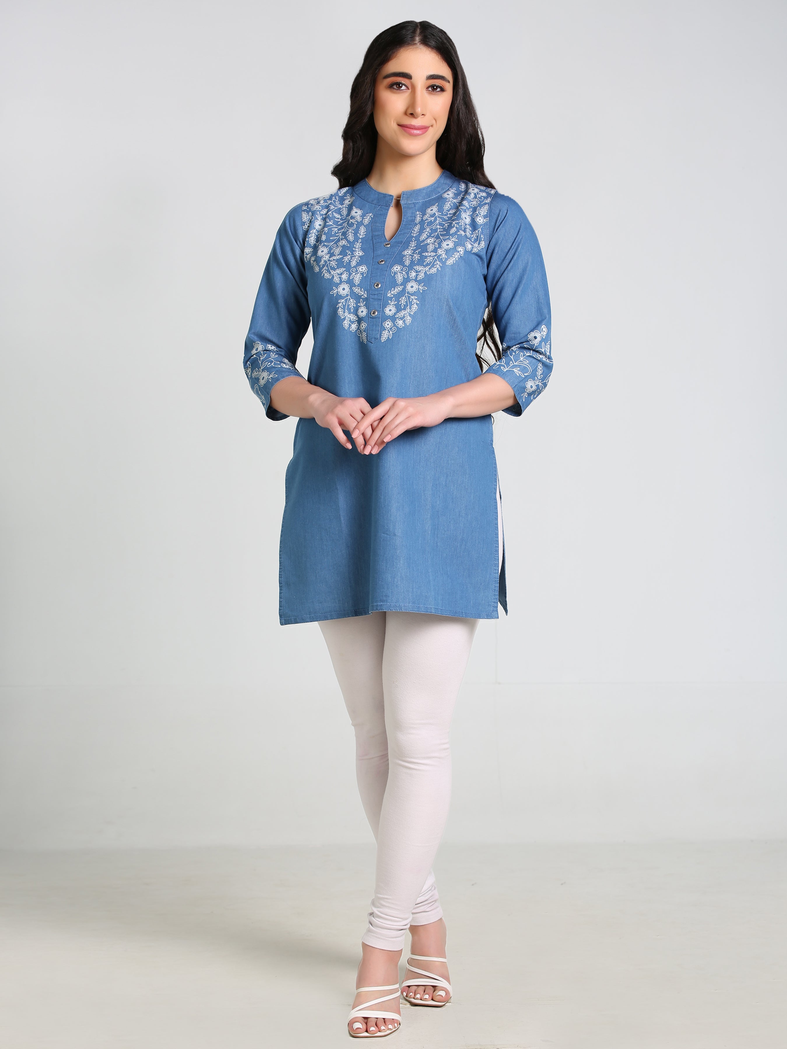 Denim Floral Neck and Sleeves Printed Mandarine Collar Kurti
