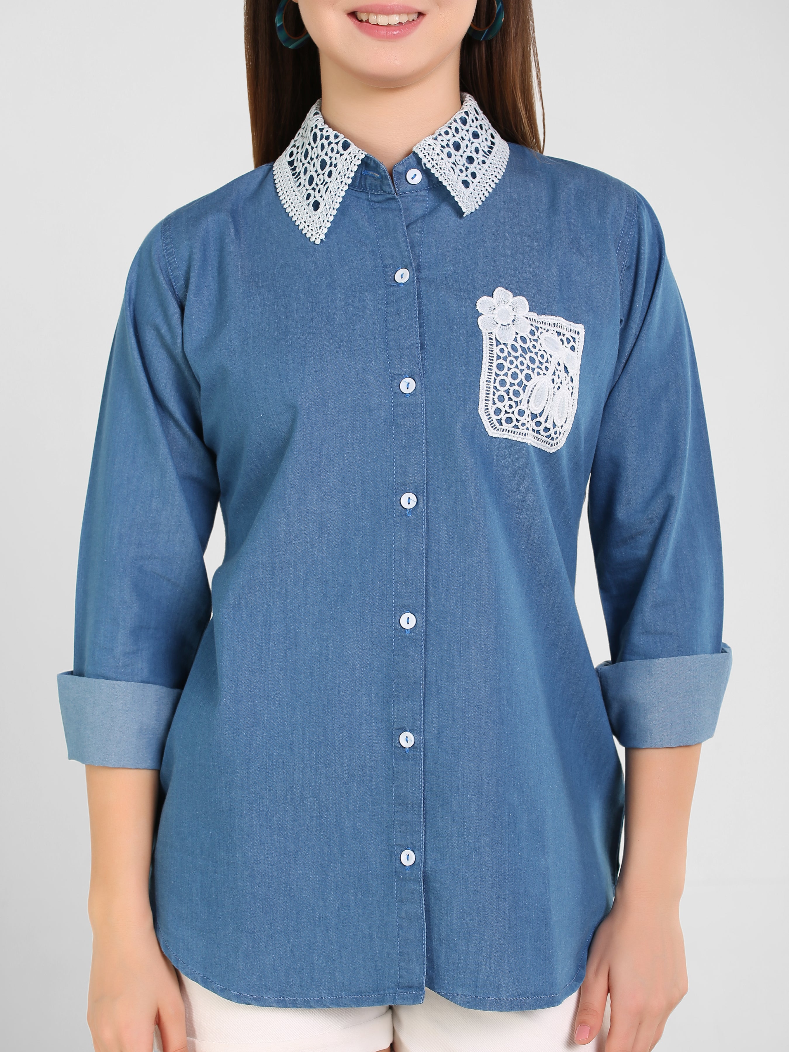 Denim Collar Pocket Laced Shirt