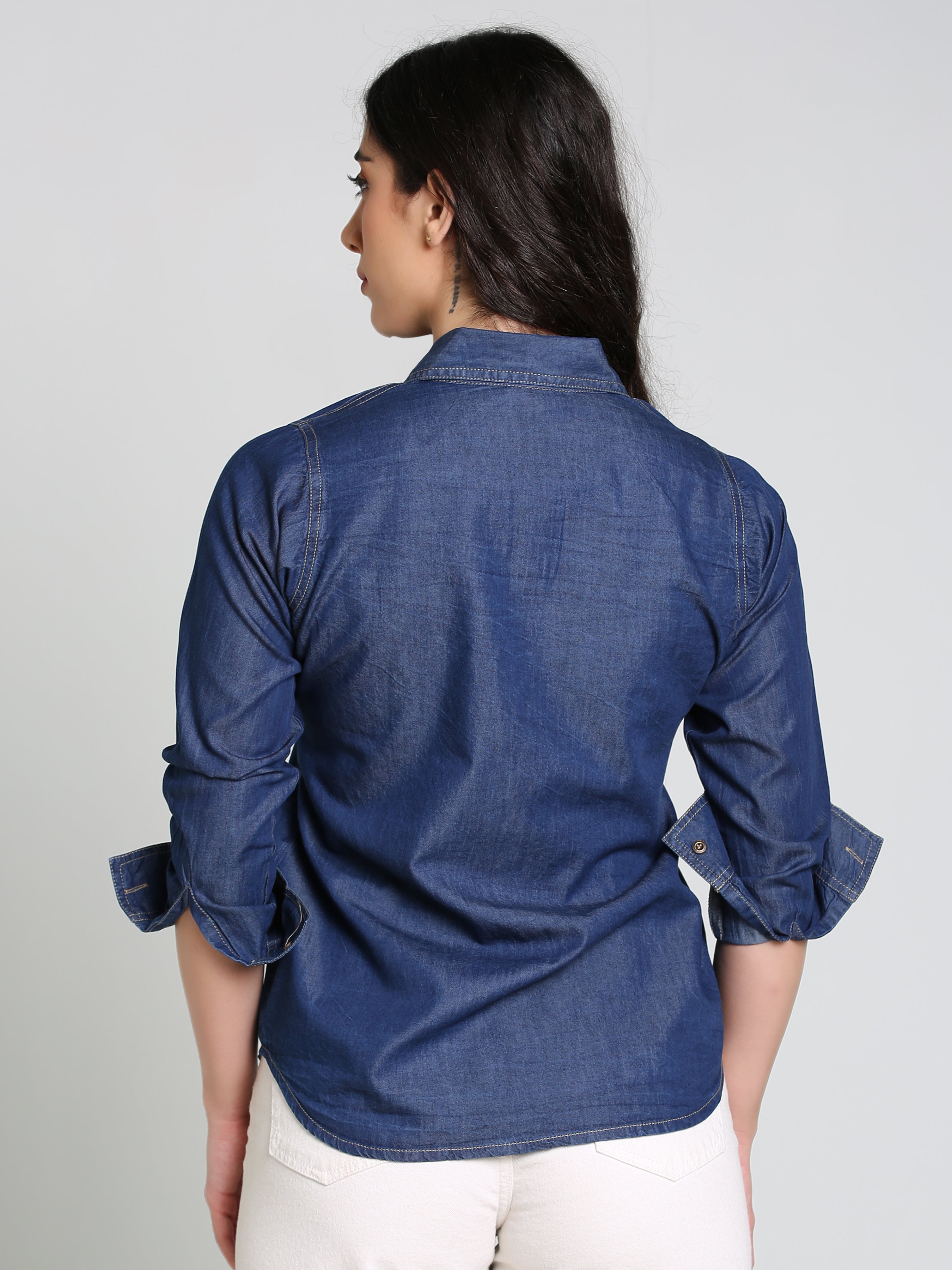 Denim Fawn Stitch Shloulder Patch Both Side Pocket Shirt