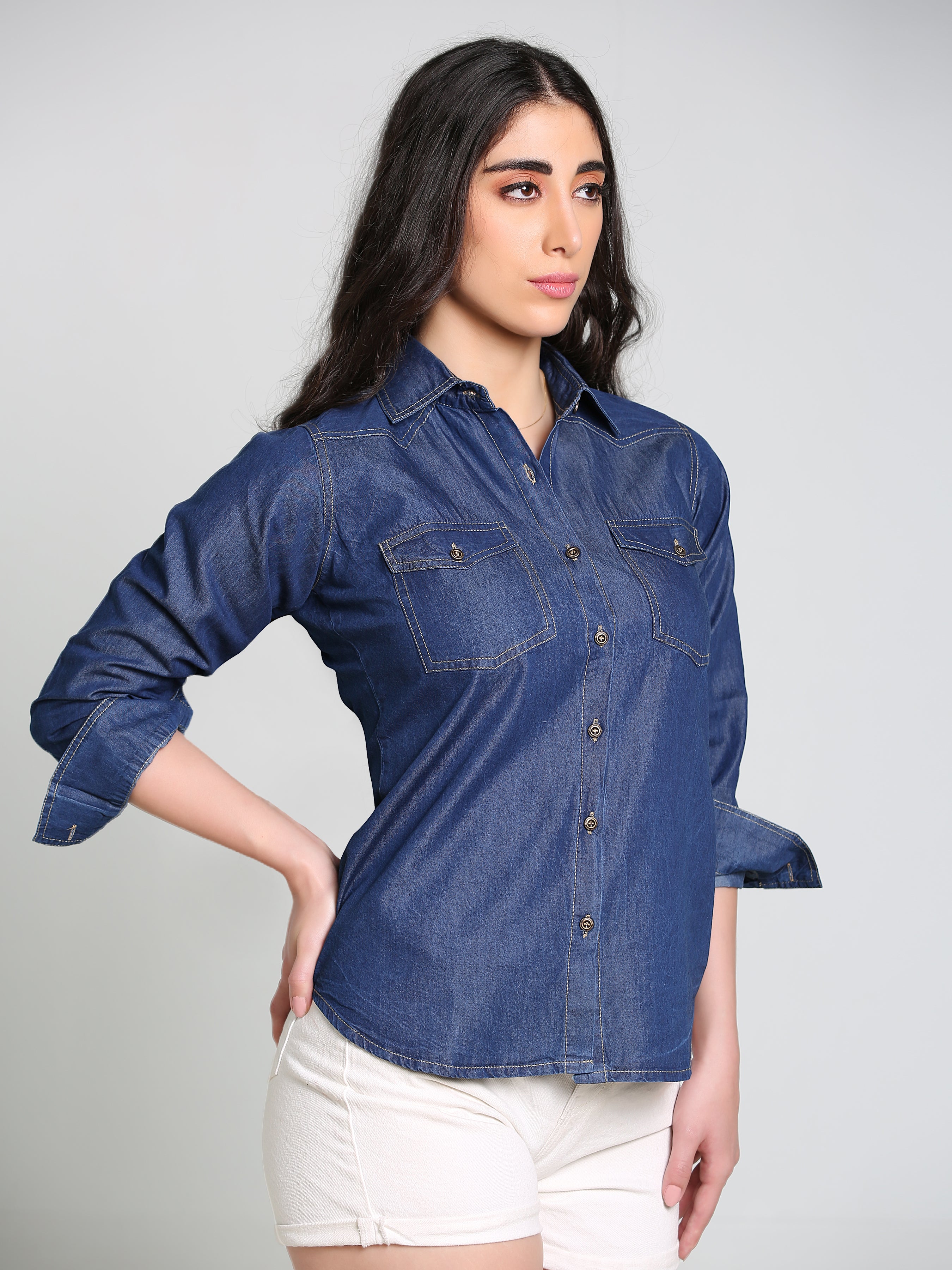 Denim Fawn Stitch Shloulder Patch Both Side Pocket Shirt