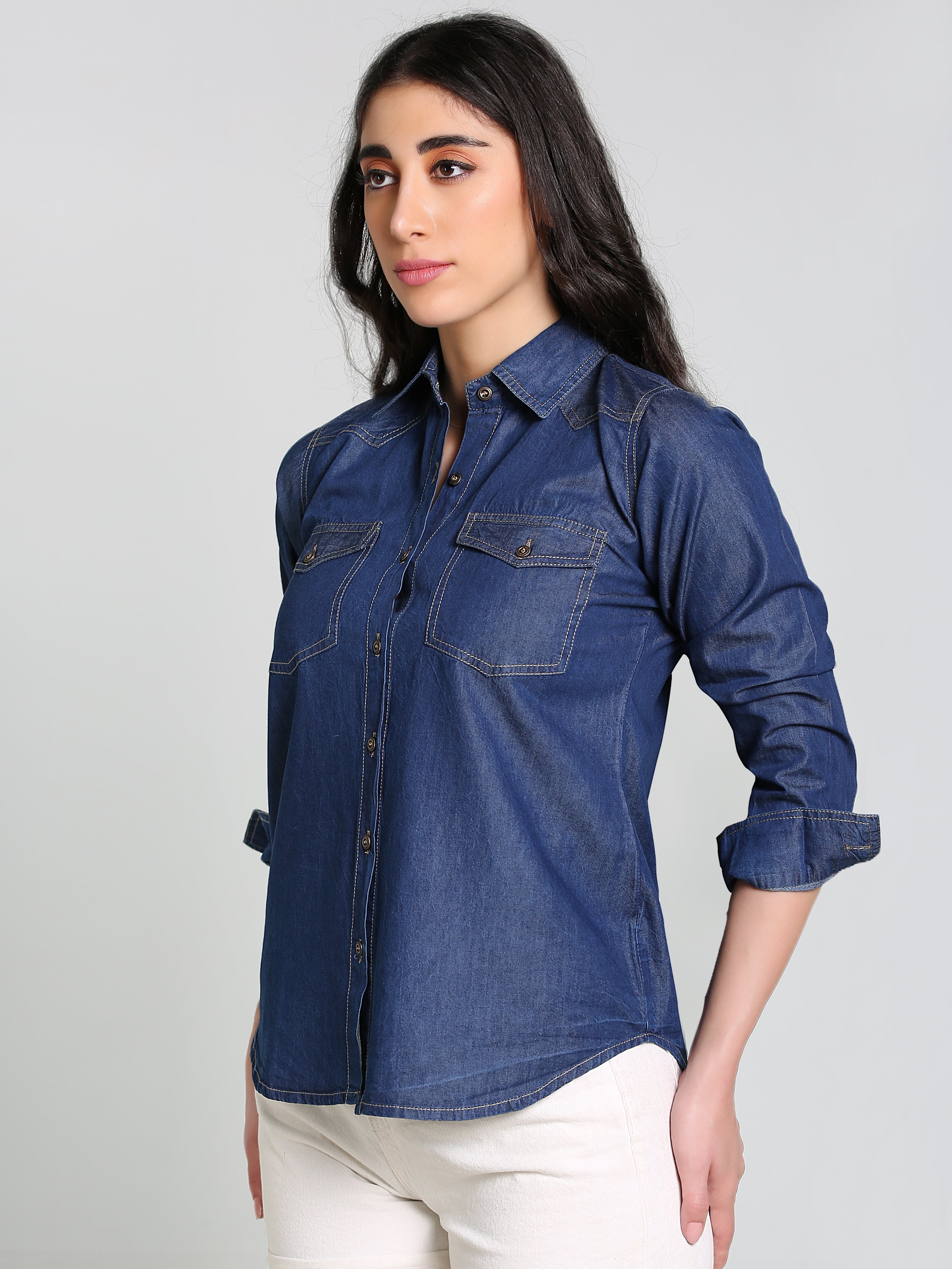 Denim Fawn Stitch Shloulder Patch Both Side Pocket Shirt